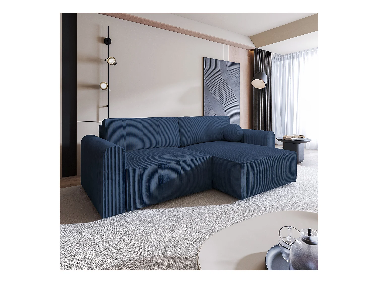 Canapé d'angle FIANO Bleu en velours côtelé avec fonction de couchage