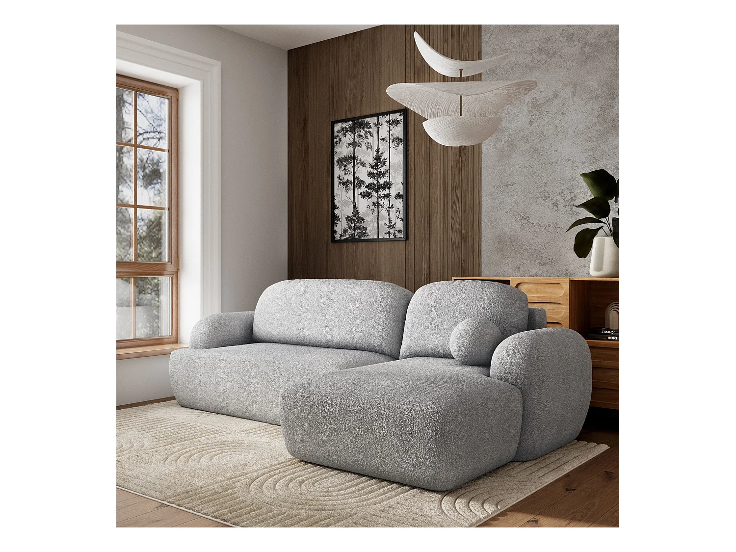 Canapé d'angle MODENZA Gris clair en bouclé avec fonction de couchage