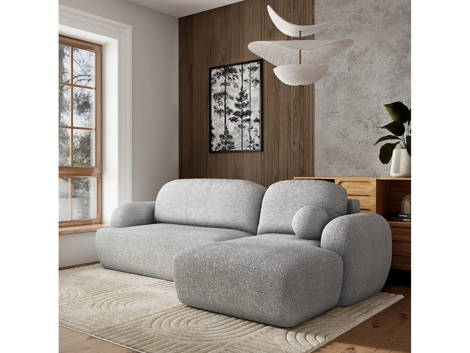 Canapé d'angle MODENZA Gris clair en bouclé avec fonction de couchage