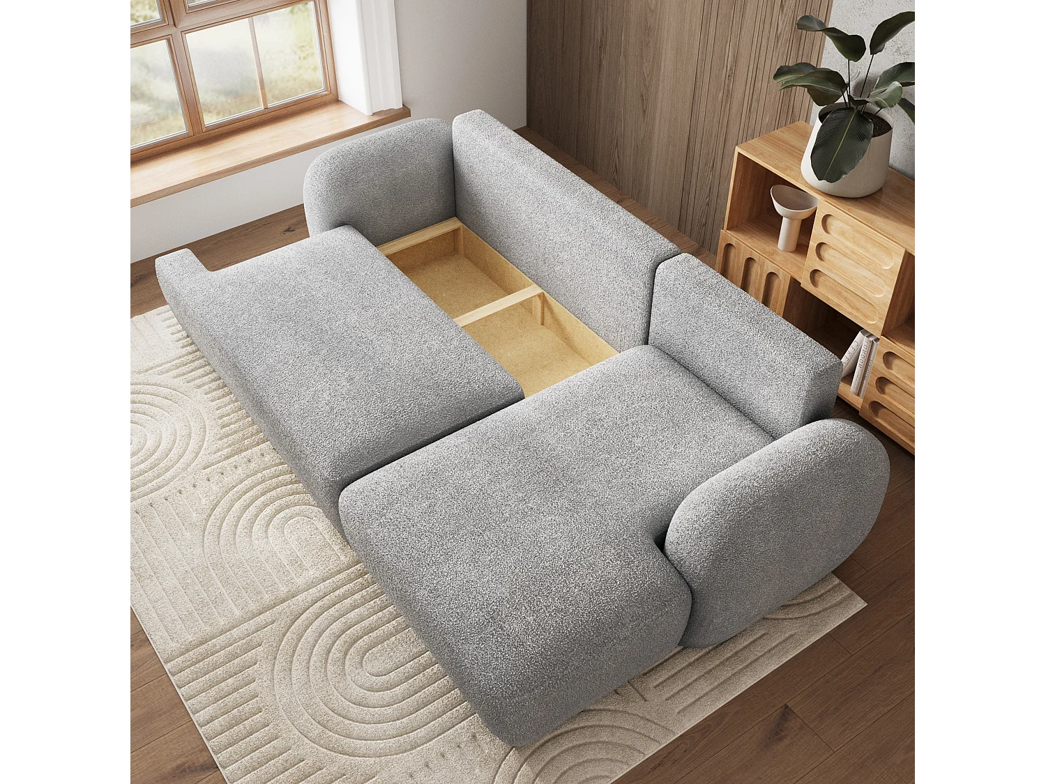 Canapé d'angle MODENZA Gris clair en bouclé avec fonction de couchage