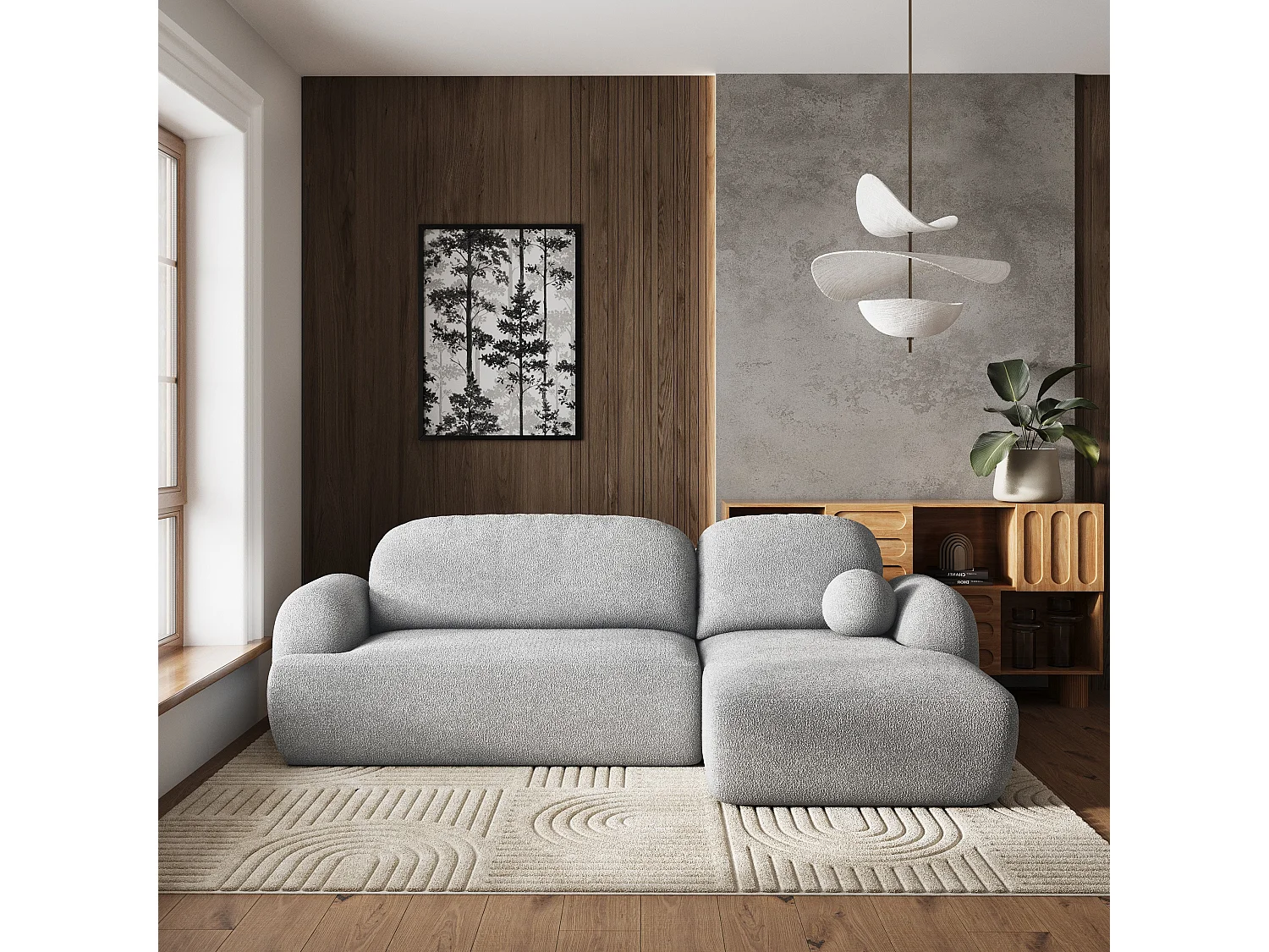 Canapé d'angle MODENZA Gris clair en bouclé avec fonction de couchage