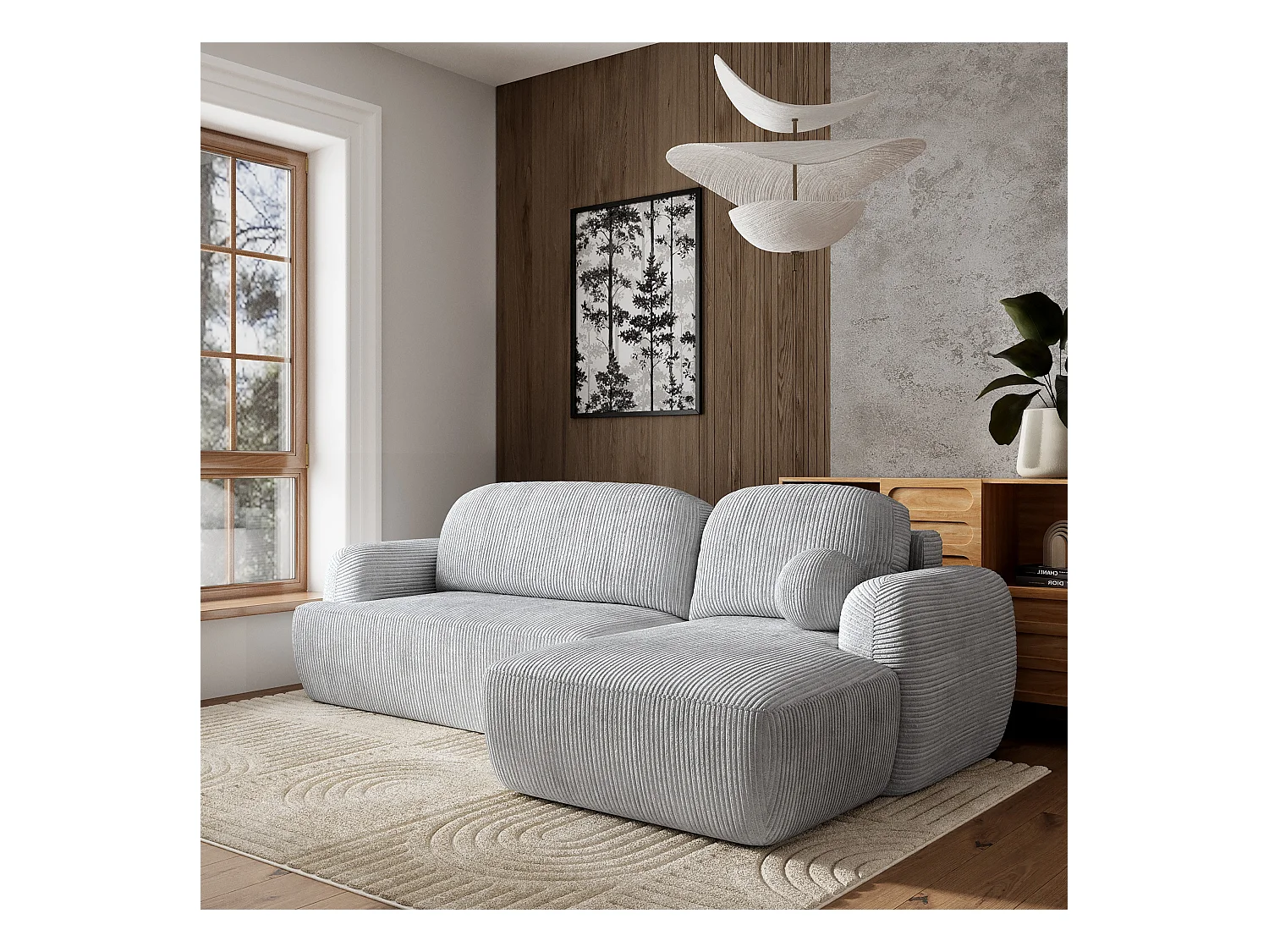 Canapé d'angle MODENZA Gris clair en velours côtelé avec fonction de couchage