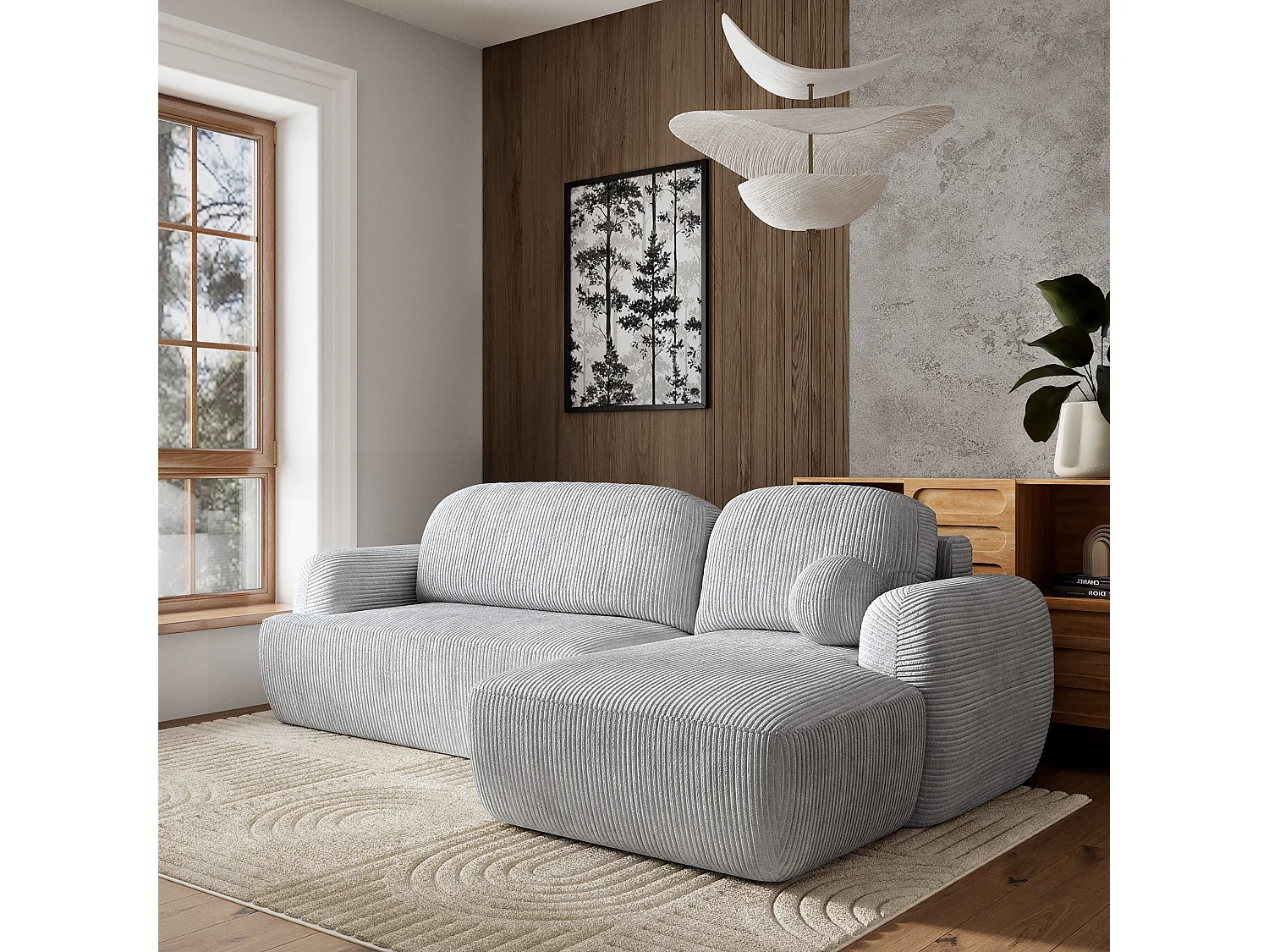 Canapé d'angle MODENZA Gris clair en velours côtelé avec fonction de couchage