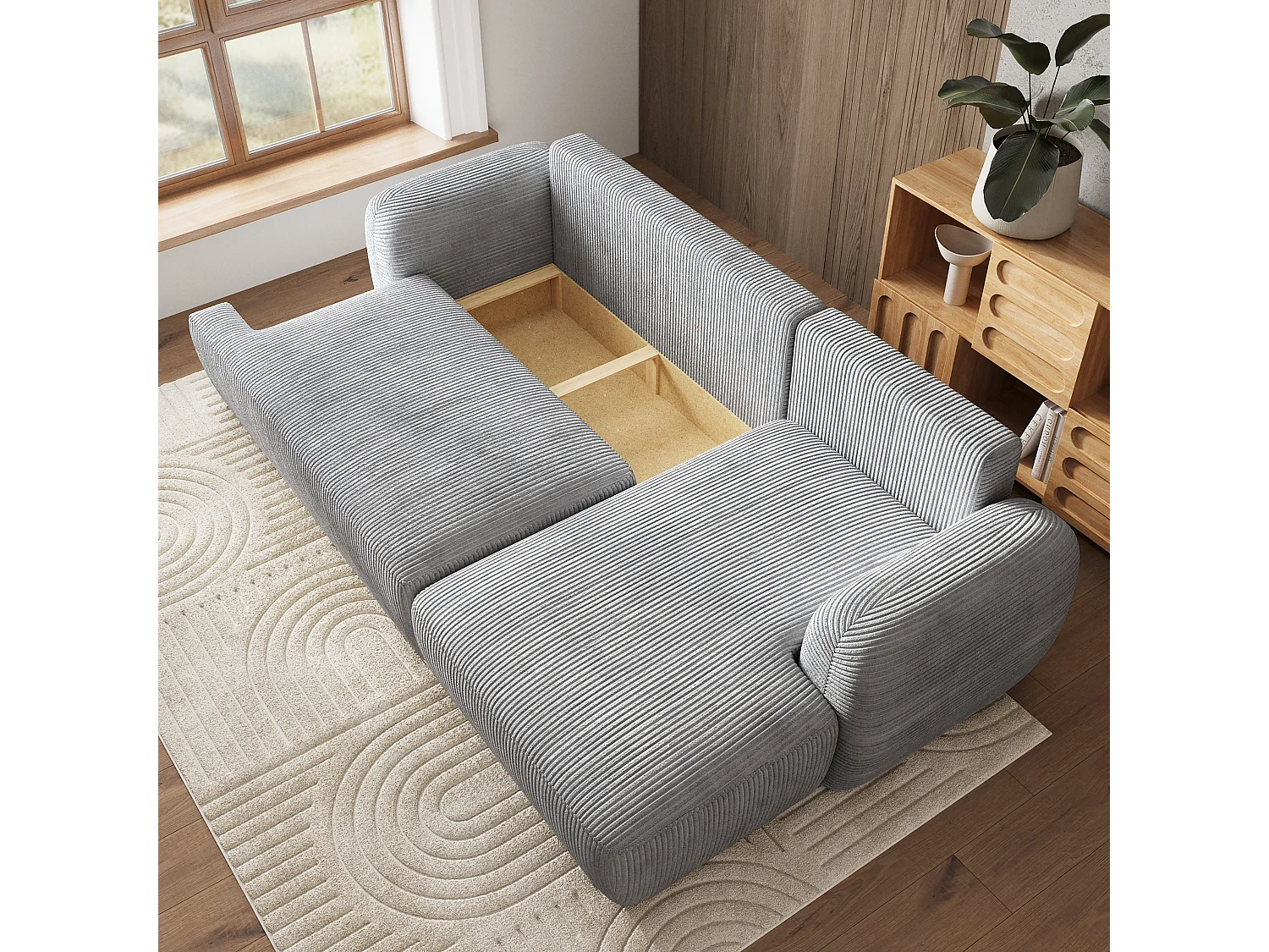 Canapé d'angle MODENZA Gris clair en velours côtelé avec fonction de couchage