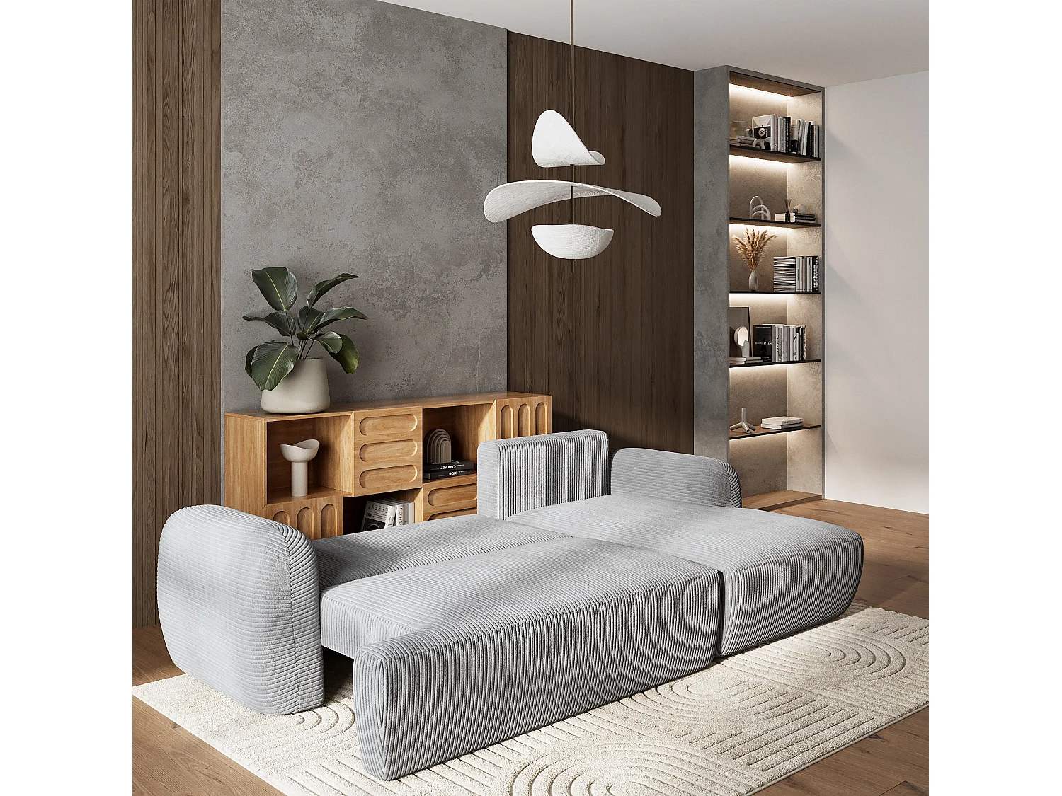 Canapé d'angle MODENZA Gris clair en velours côtelé avec fonction de couchage