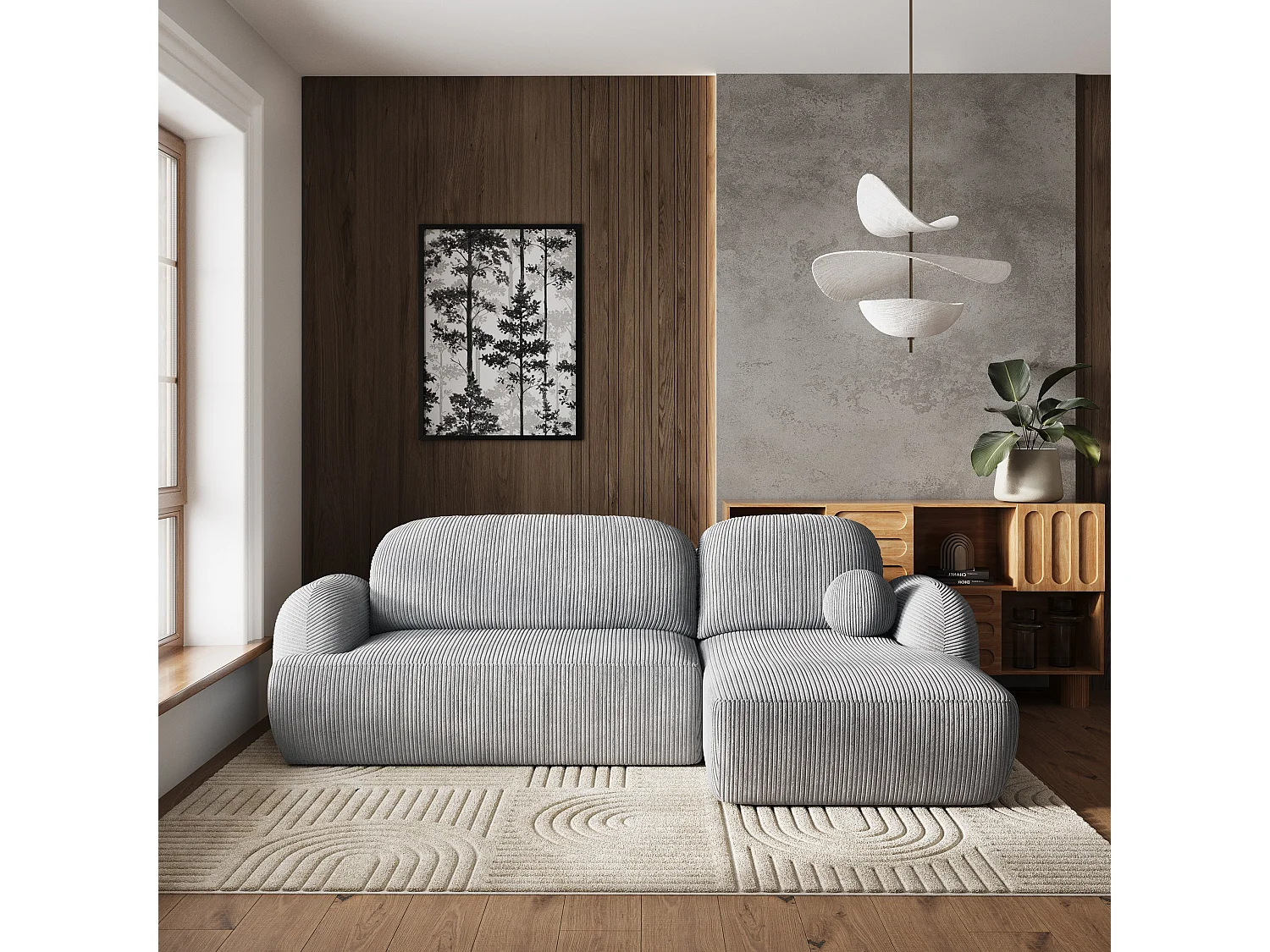 Canapé d'angle MODENZA Gris clair en velours côtelé avec fonction de couchage