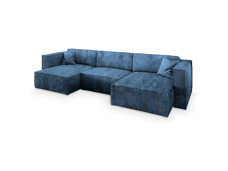 Canapé d'angle SARMO Bleu en velours côtelé avec fonction de couchage