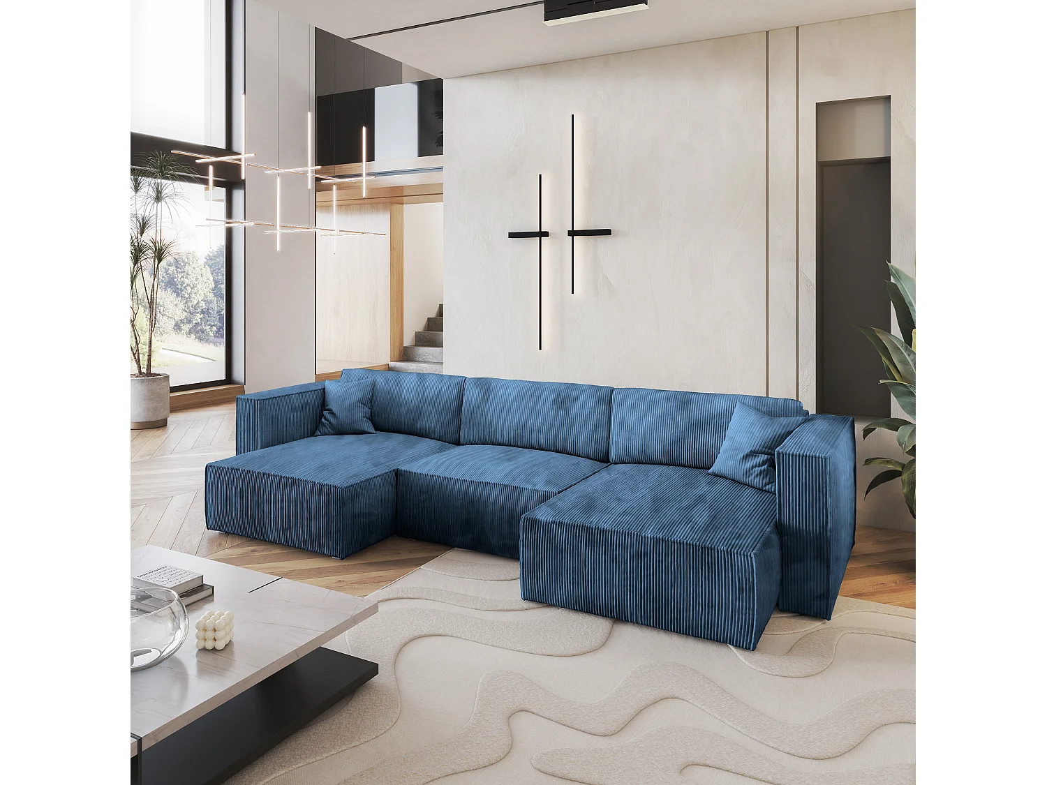 Canapé d'angle SARMO Bleu en velours côtelé avec fonction de couchage