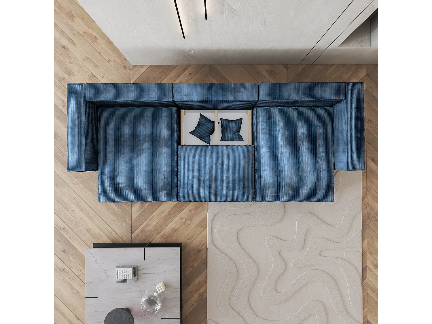 Canapé d'angle SARMO Bleu en velours côtelé avec fonction de couchage