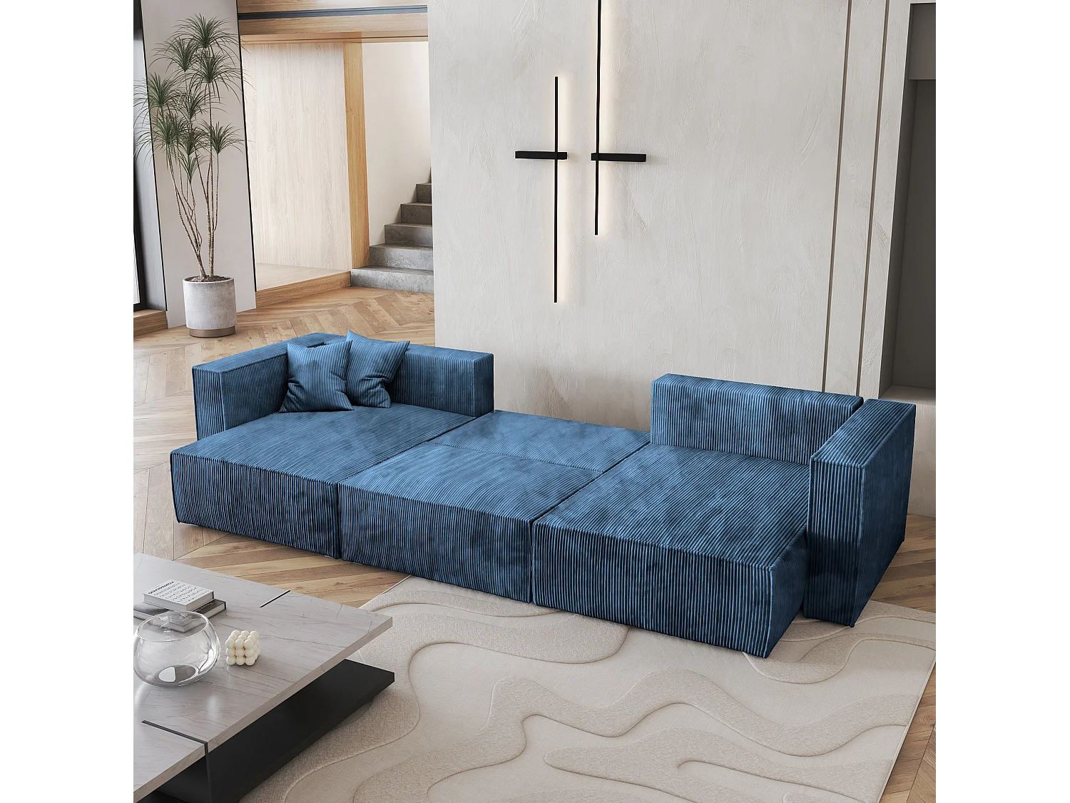 Canapé d'angle SARMO Bleu en velours côtelé avec fonction de couchage