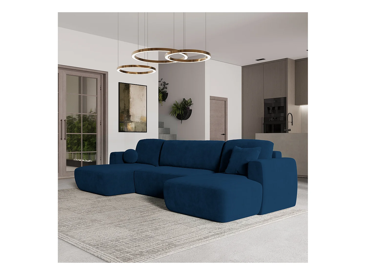 Canapé d'angle SENTUM Bleu en peluche avec fonction de couchage