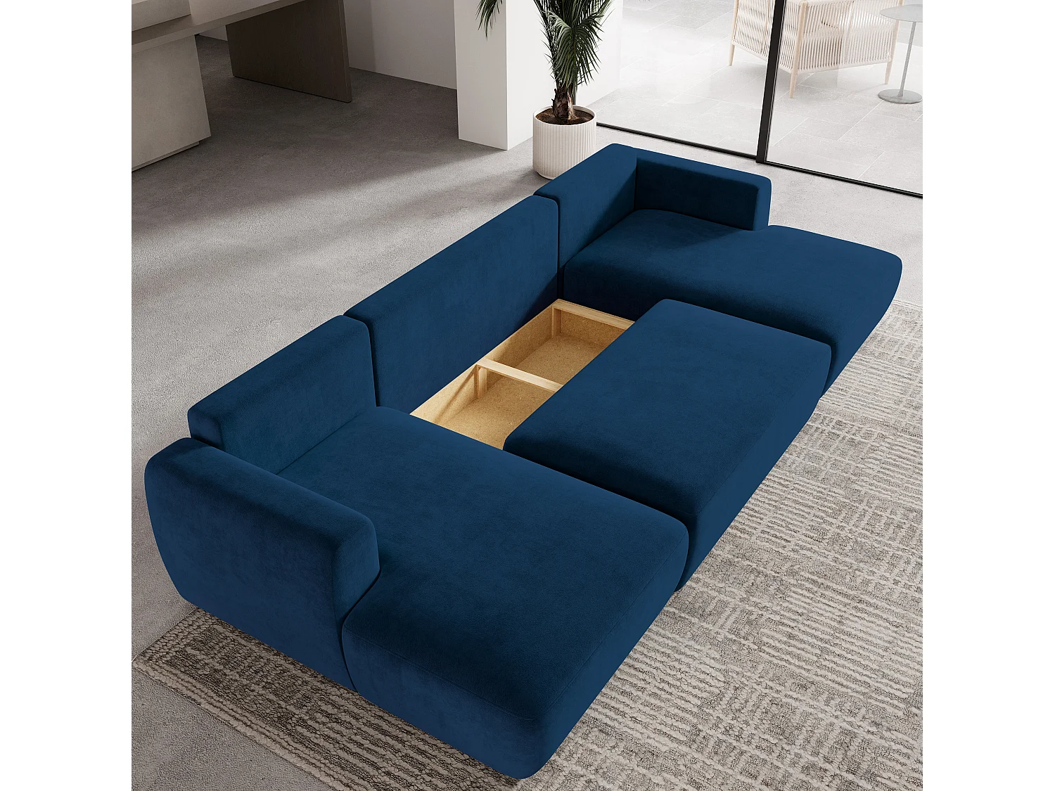 Canapé d'angle SENTUM Bleu en peluche avec fonction de couchage
