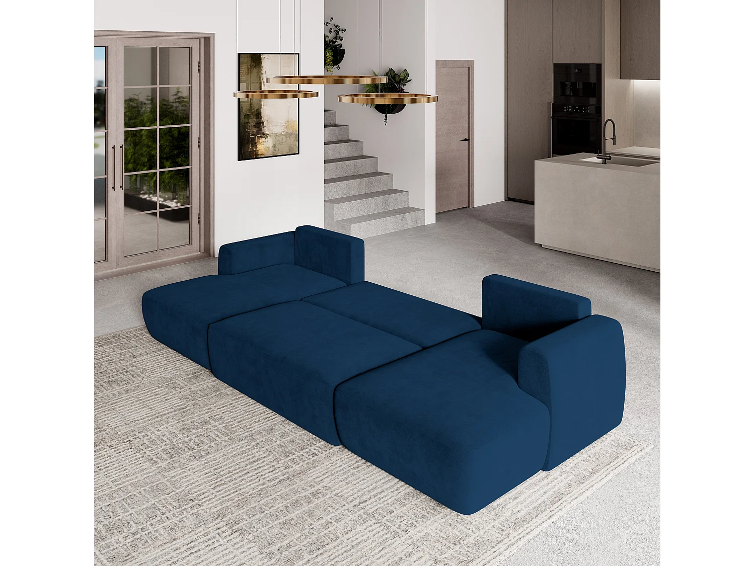 Canapé d'angle SENTUM Bleu en peluche avec fonction de couchage
