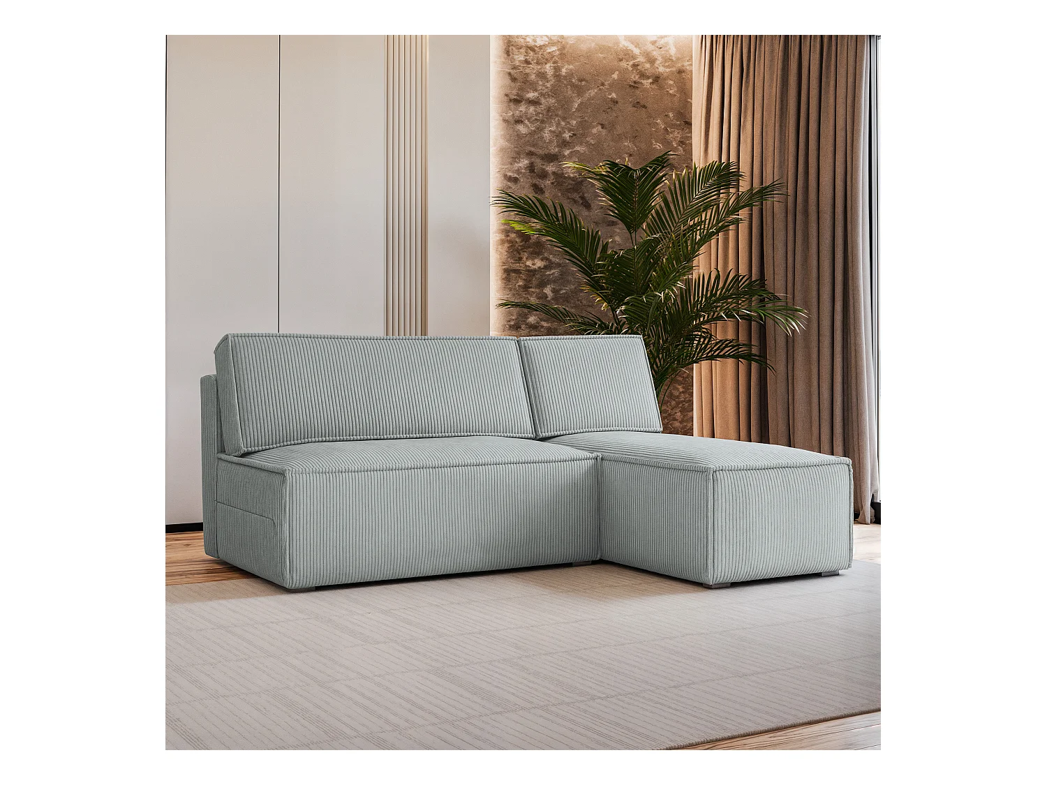 Canapé d'angle BRISO Gris clair en velours côtelé avec fonction de couchage