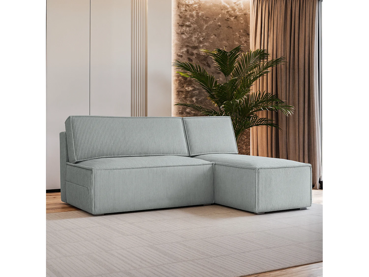 Canapé d'angle BRISO Gris clair en velours côtelé avec fonction de couchage