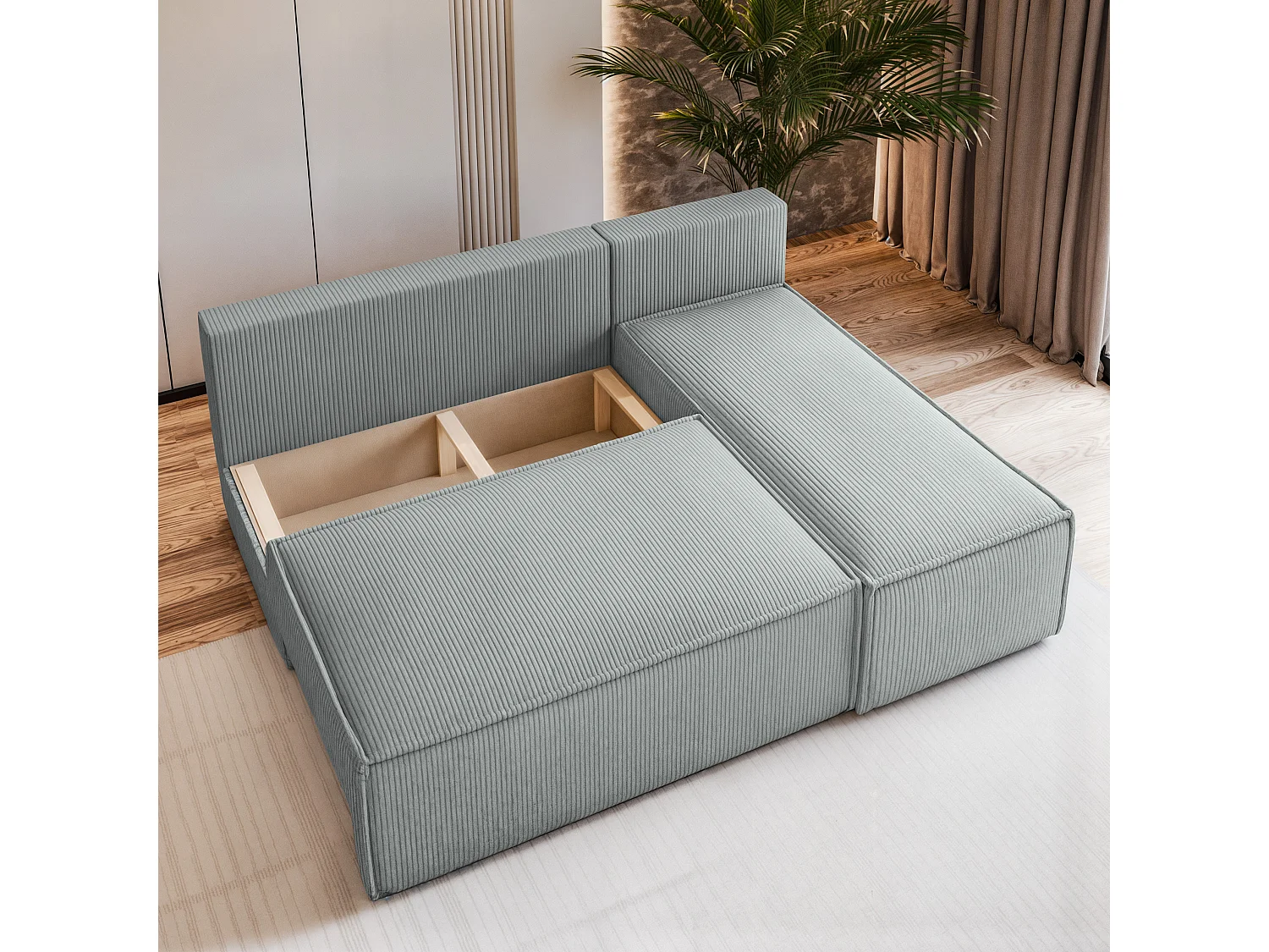 Canapé d'angle BRISO Gris clair en velours côtelé avec fonction de couchage