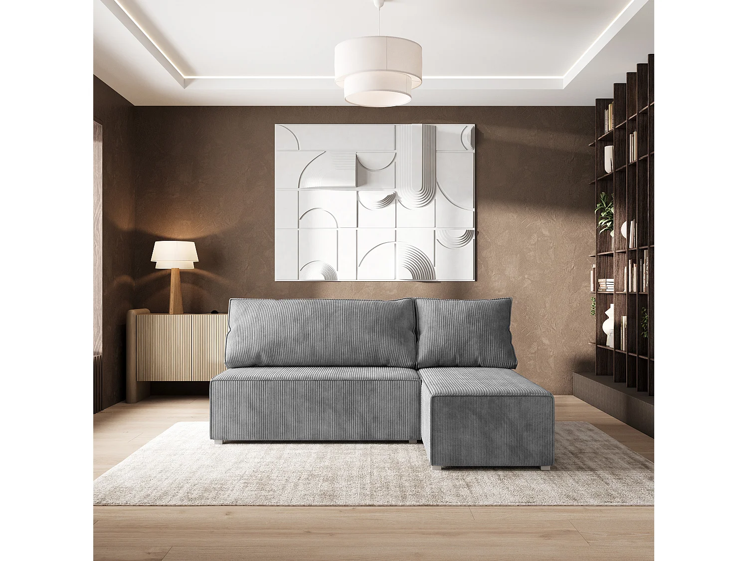 Canapé d'angle BRISO Gris clair en velours côtelé avec fonction de couchage