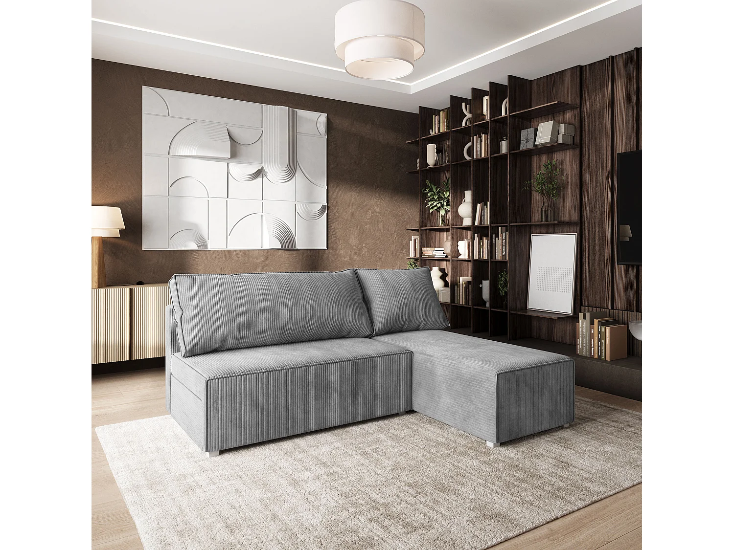 Canapé d'angle BRISO Gris clair en velours côtelé avec fonction de couchage