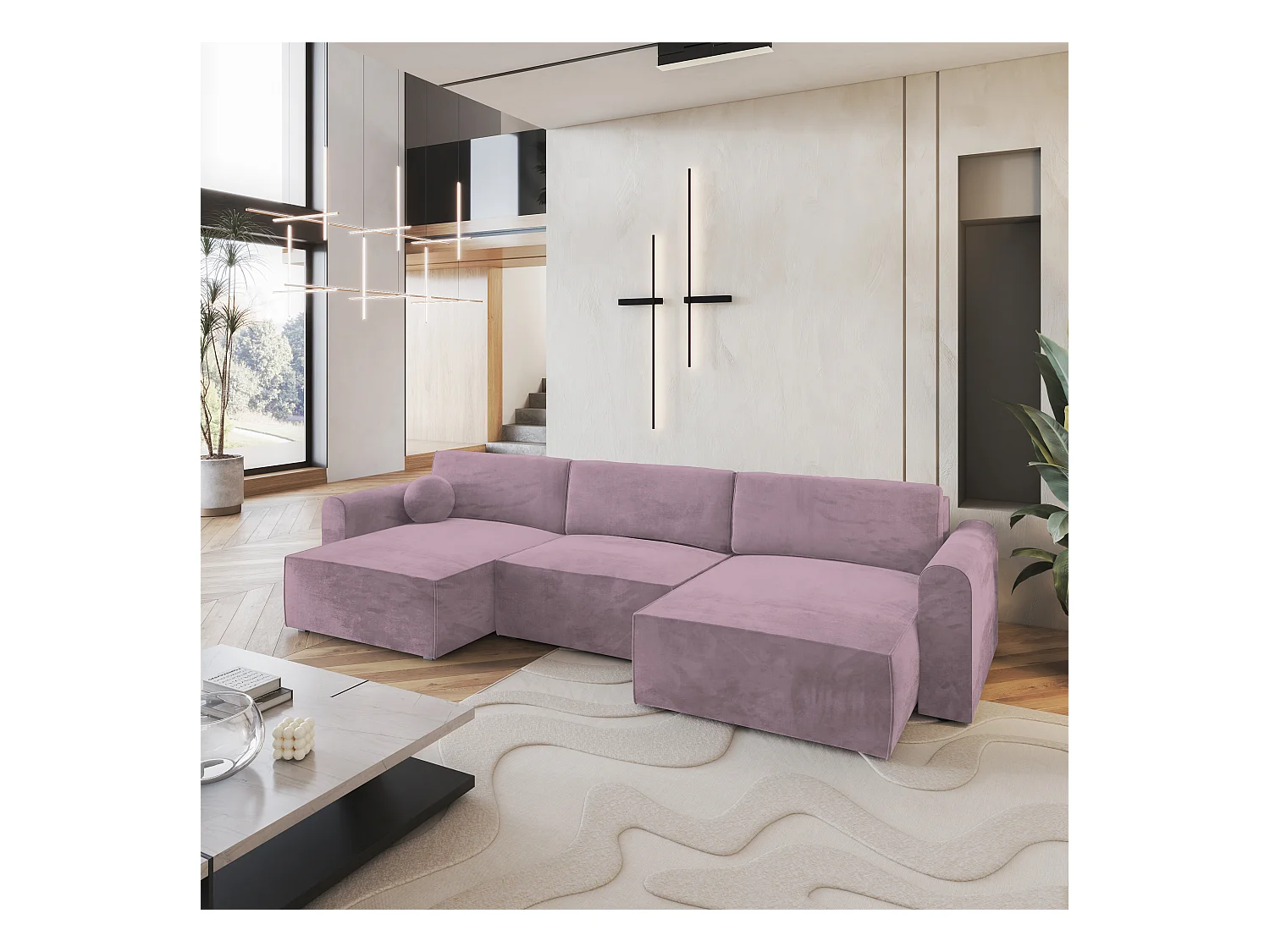 Canapé d'angle FENTO Parme en velours avec fonction de couchage