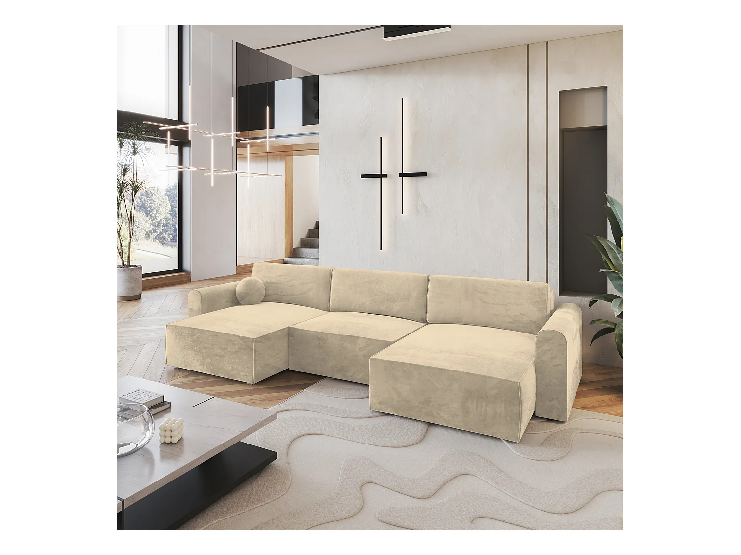 Canapé d'angle FENTO Crème en velours avec fonction de couchage