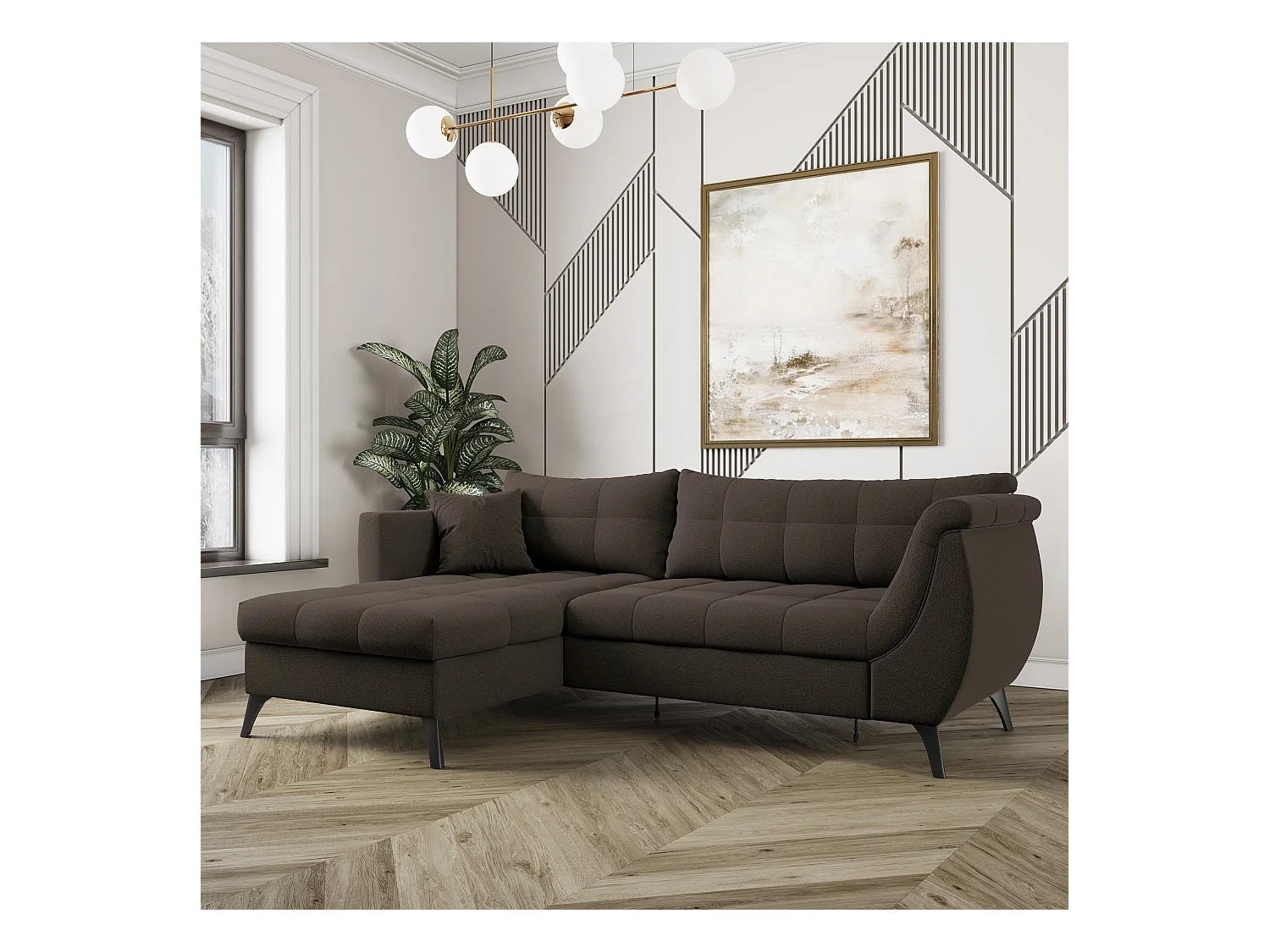 Canapé d'angle MOLLIS Marron en tissu texturé avec fonction de couchage