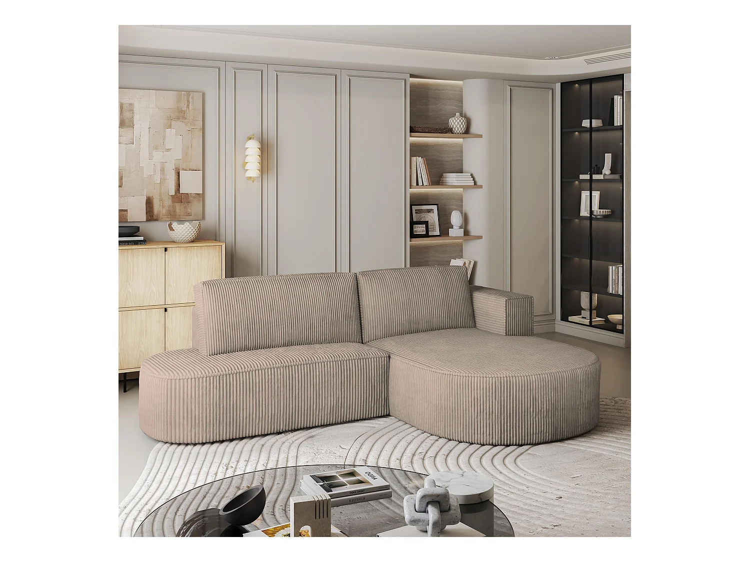 Canapé d'angle CORTIO Beige en velours côtelé avec fonction de couchage