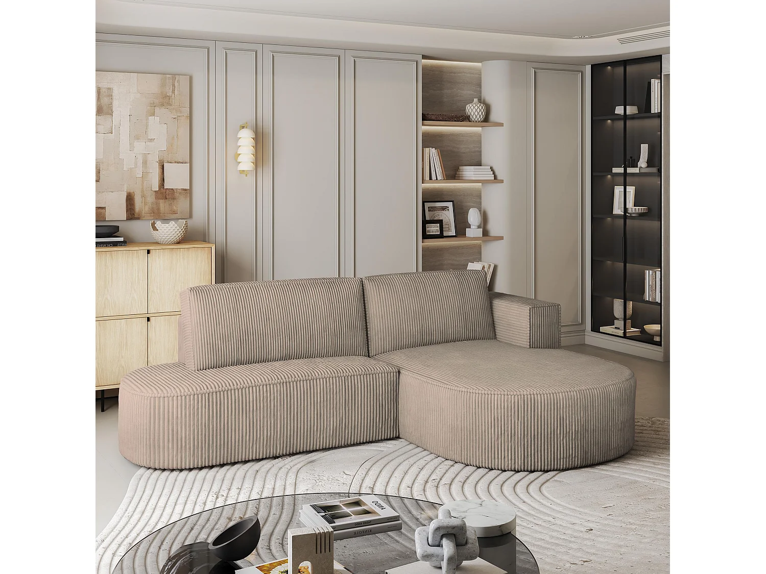Canapé d'angle CORTIO Beige en velours côtelé avec fonction de couchage