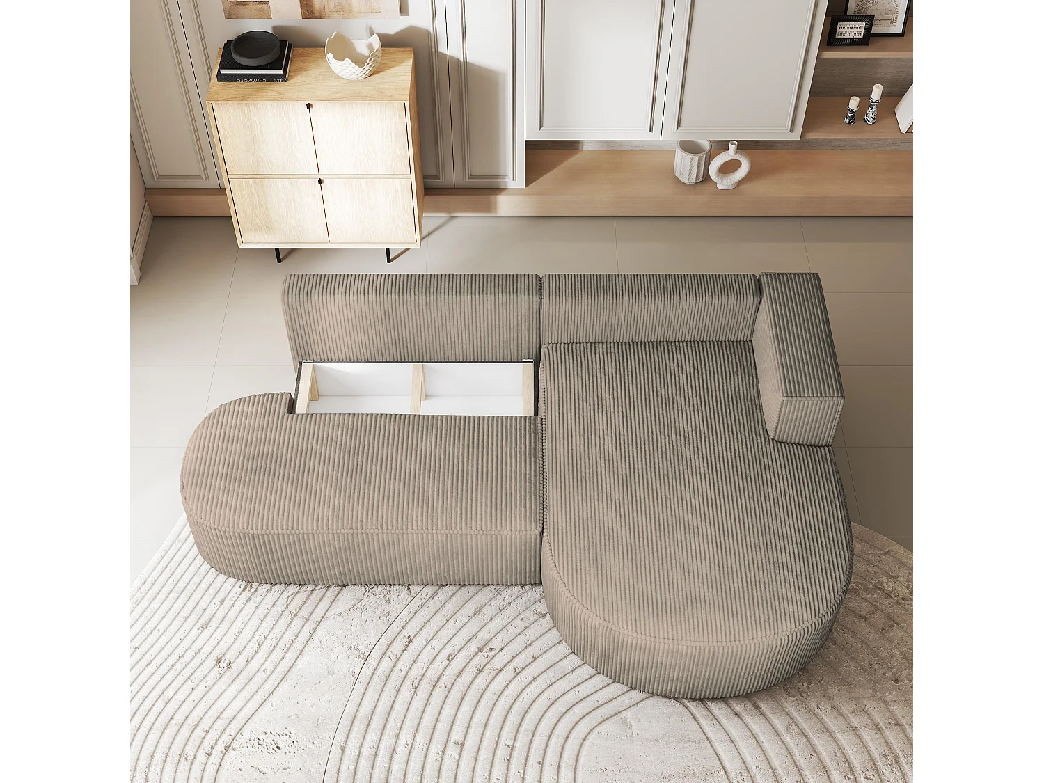 Canapé d'angle CORTIO Beige en velours côtelé avec fonction de couchage