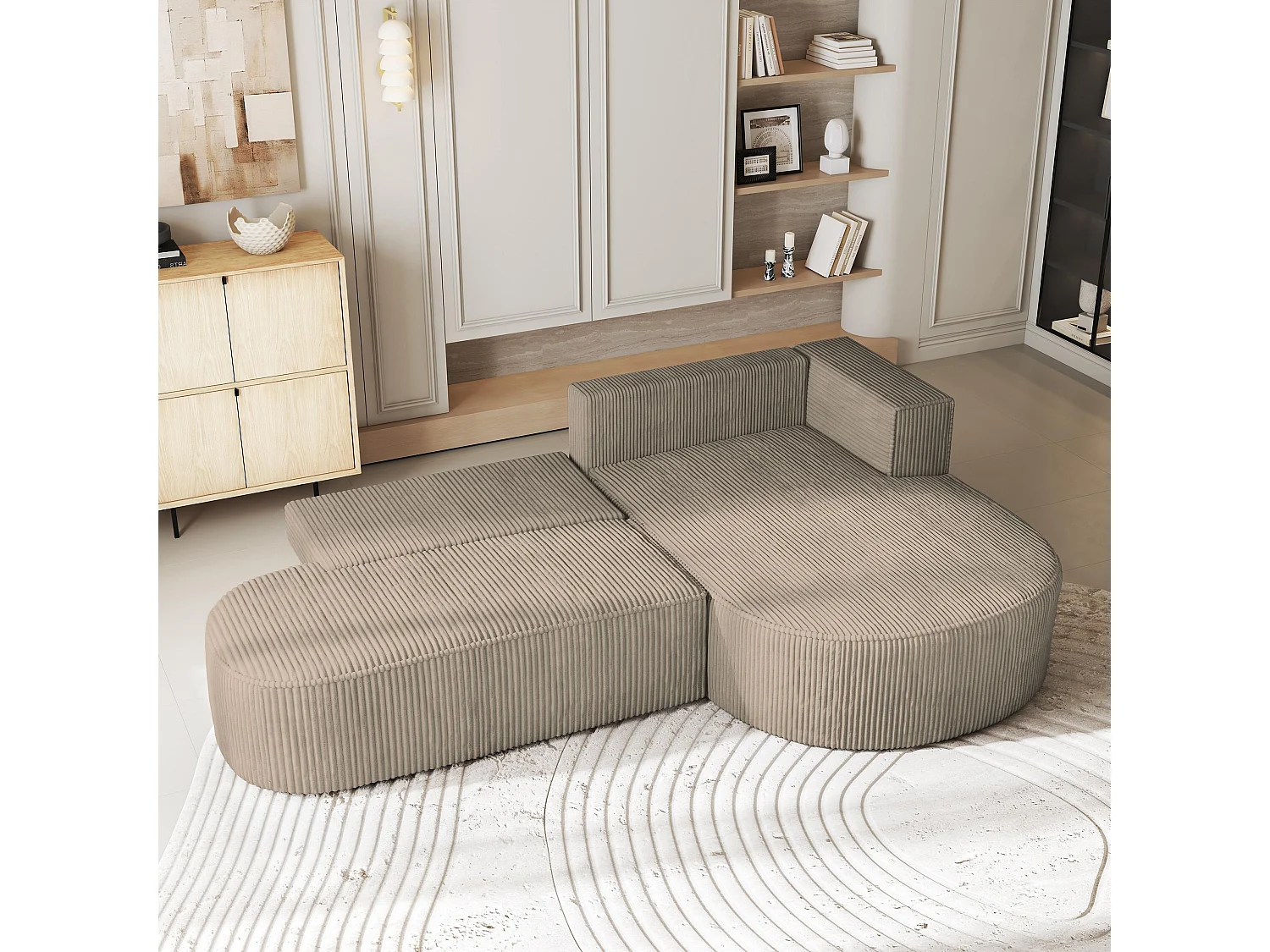 Canapé d'angle CORTIO Beige en velours côtelé avec fonction de couchage