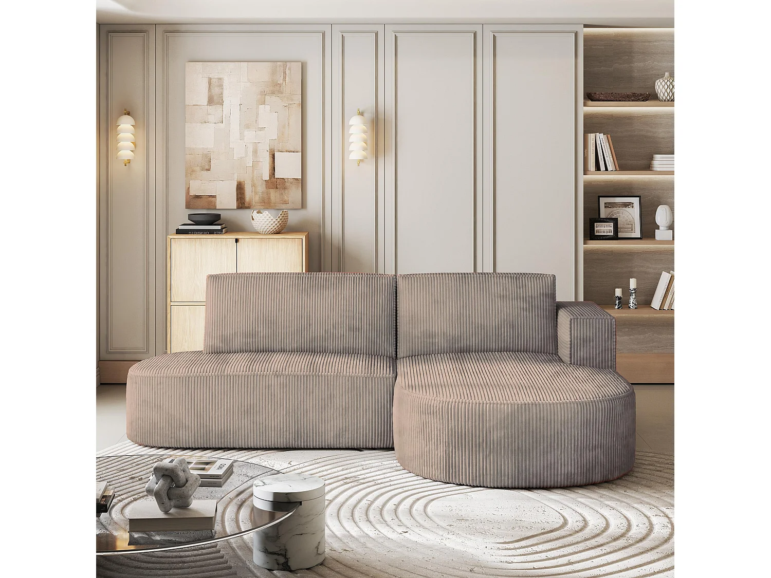 Canapé d'angle CORTIO Beige en velours côtelé avec fonction de couchage