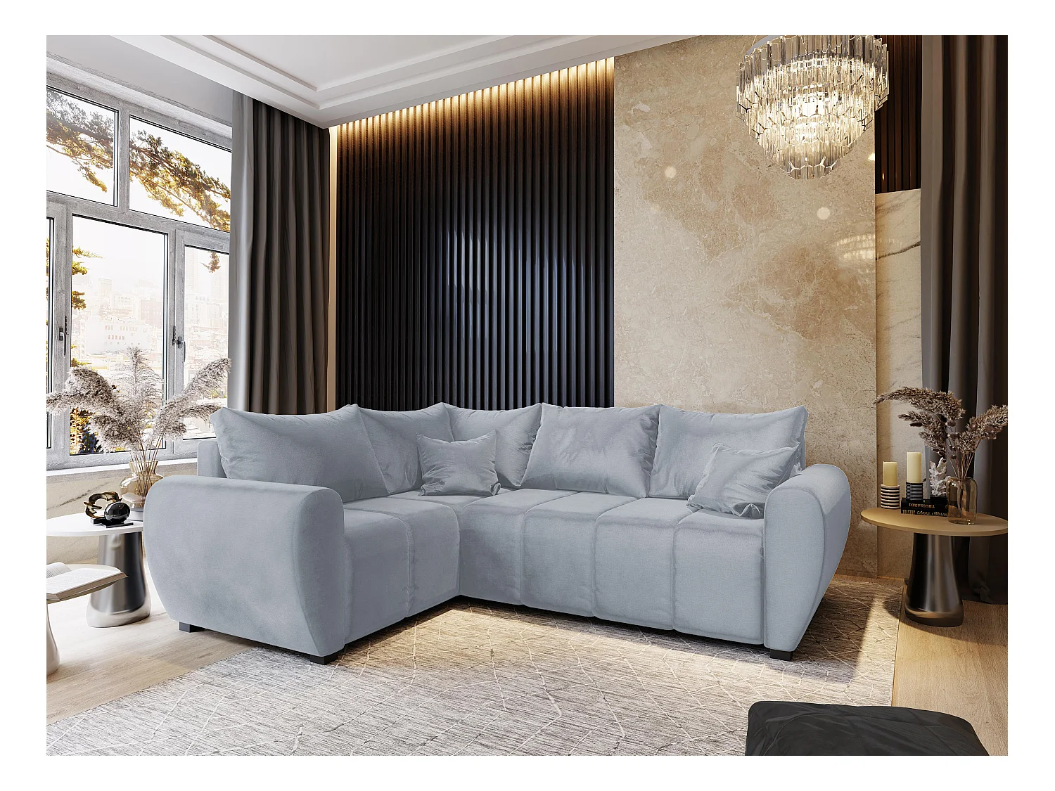 Canapé d'angle MADISON Gris clair en peluche avec fonction de couchage