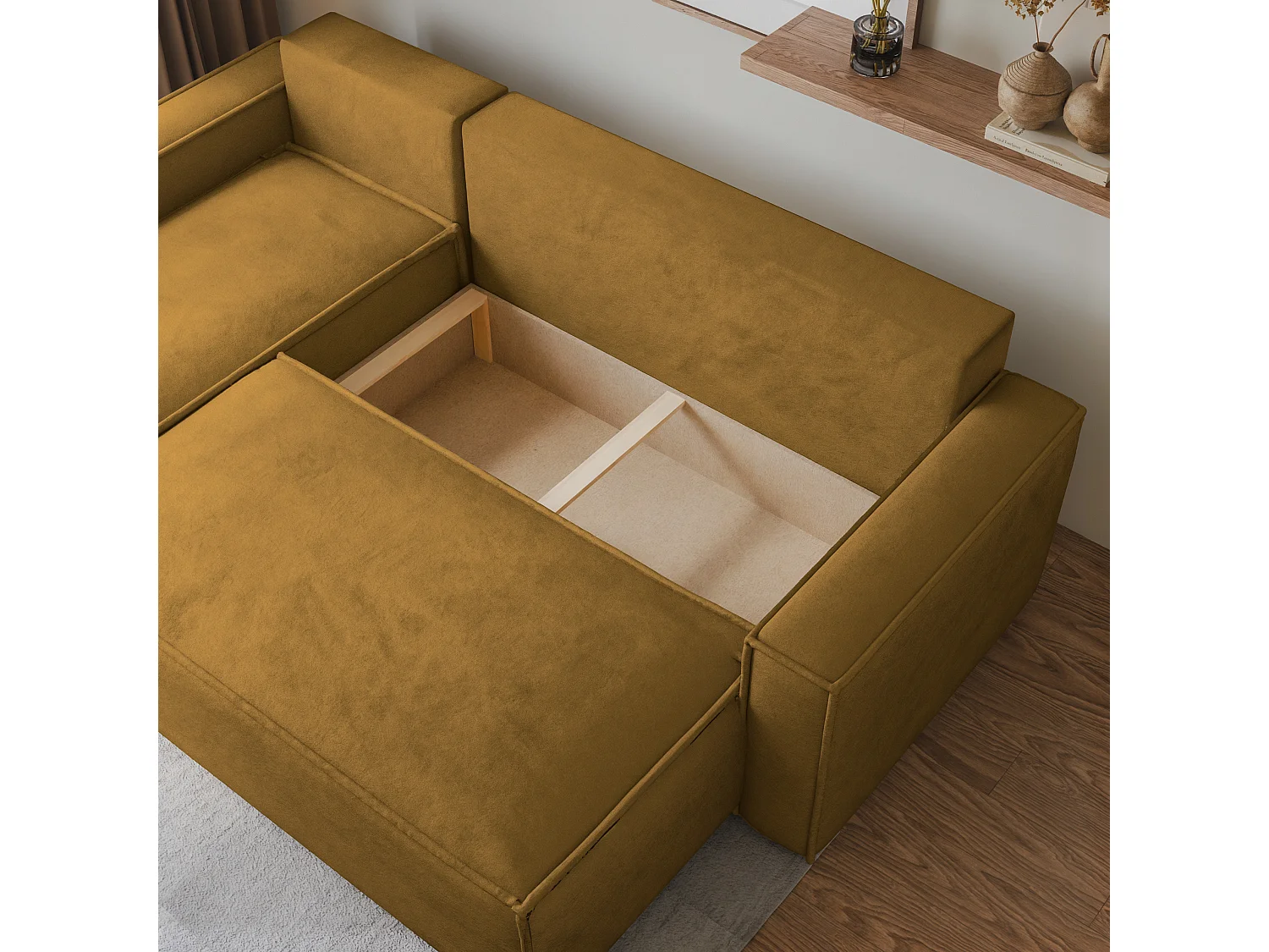 Canapé d'angle RAVELO Jaune en velours avec fonction de couchage