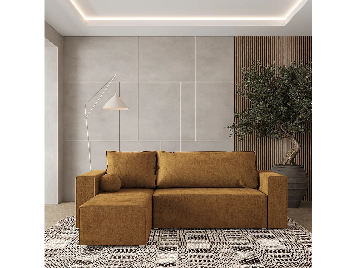 Canapé d'angle RAVELO Jaune en velours avec fonction de couchage