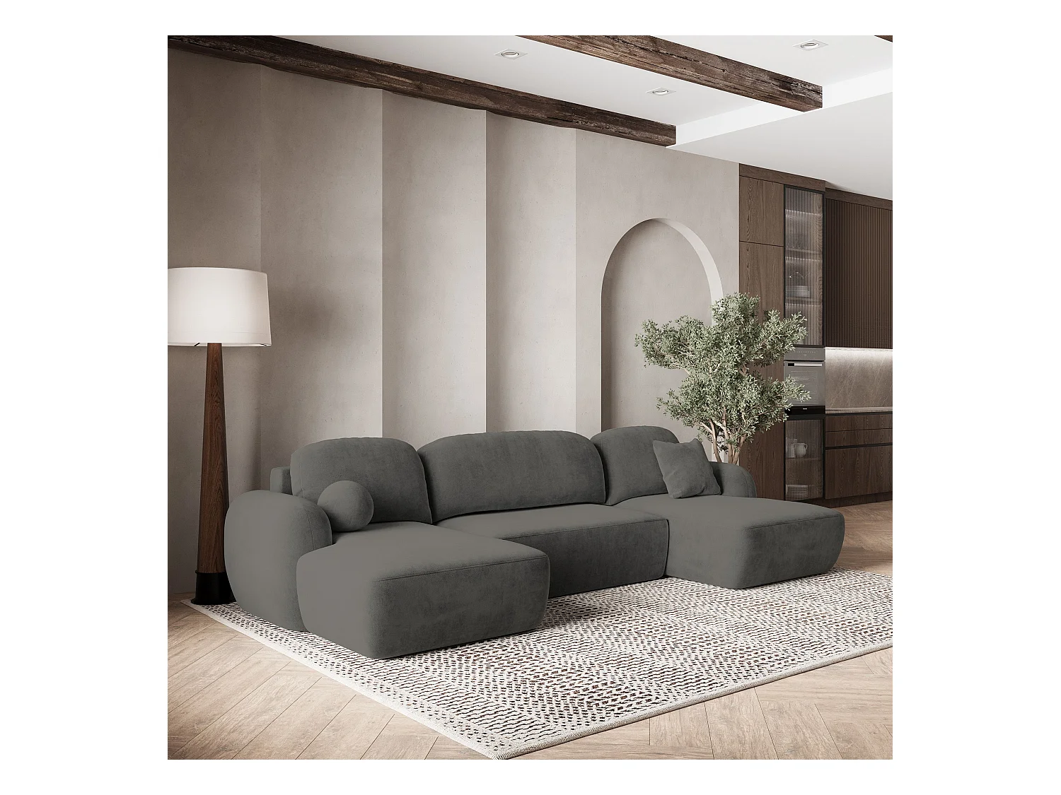 Canapé d'angle SAVONA Gris en peluche avec fonction de couchage