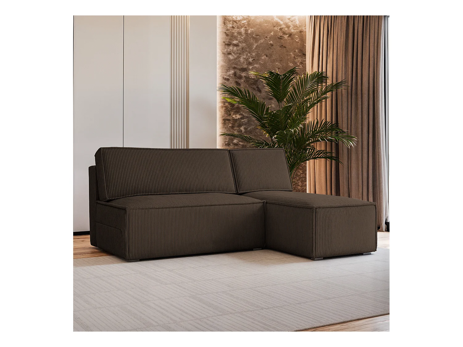 Canapé d'angle BRISO Marron en velours côtelé avec fonction de couchage