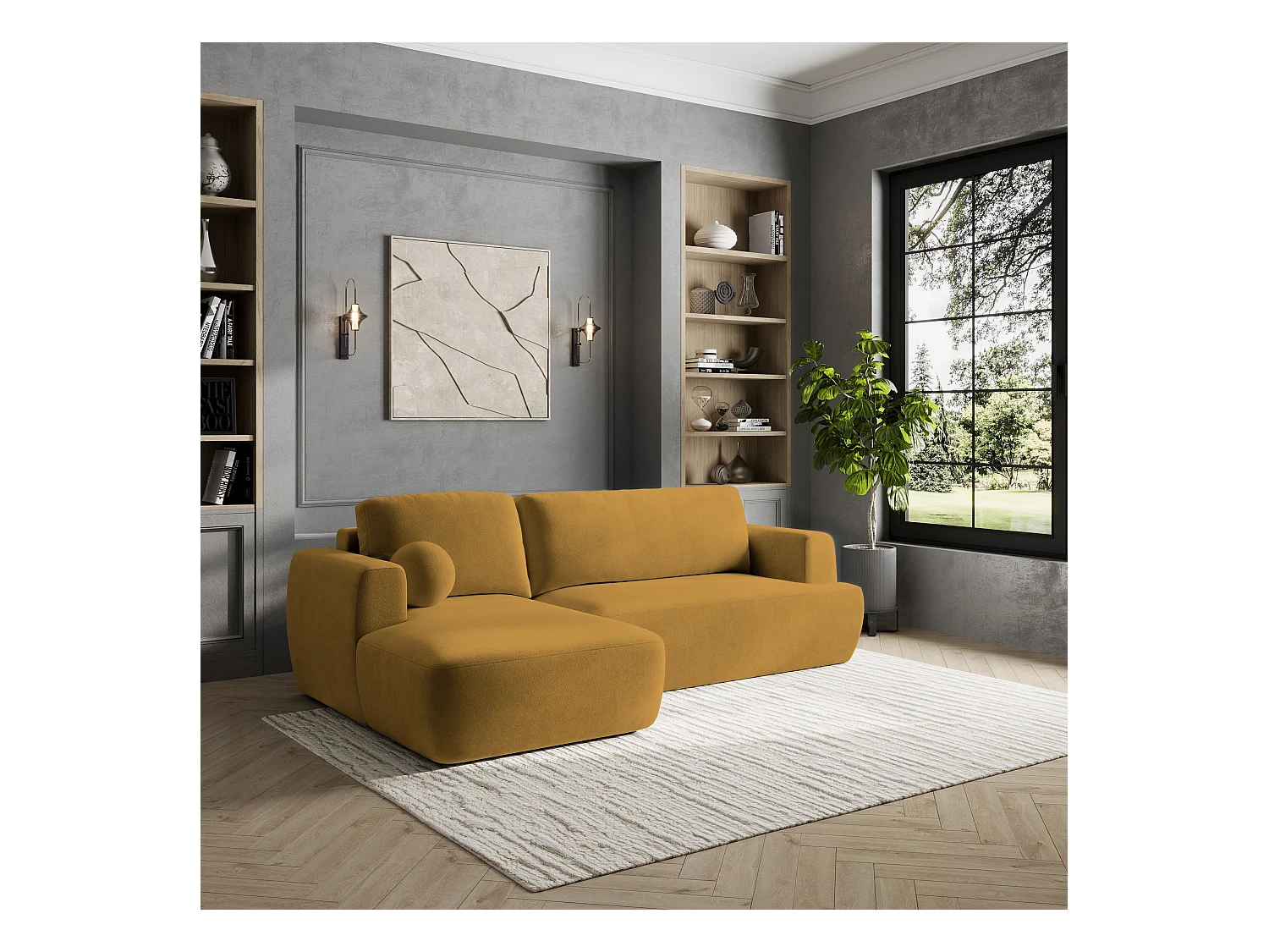 Canapé d'angle SENTI Jaune en peluche avec fonction de couchage