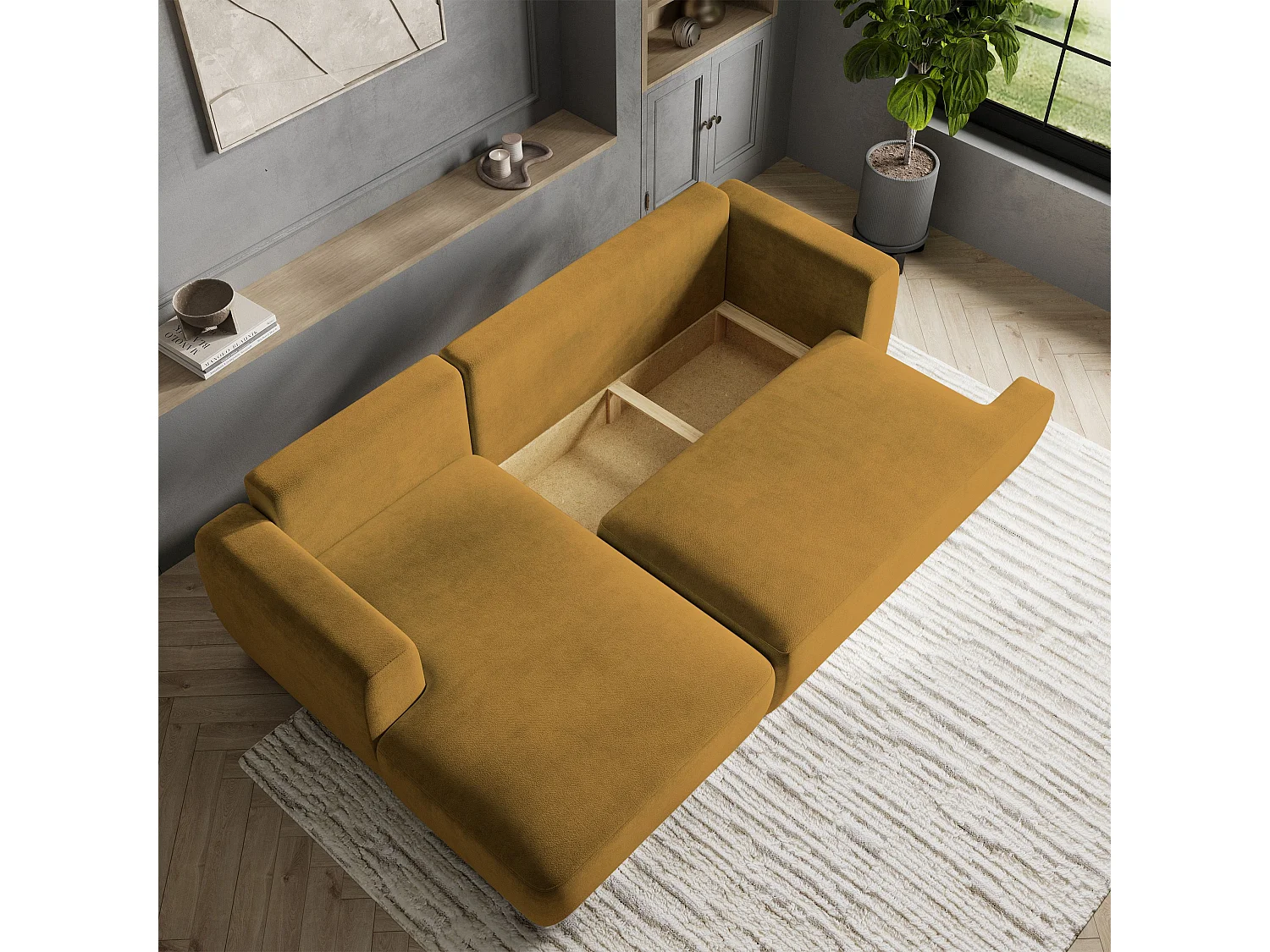 Canapé d'angle SENTI Jaune en peluche avec fonction de couchage