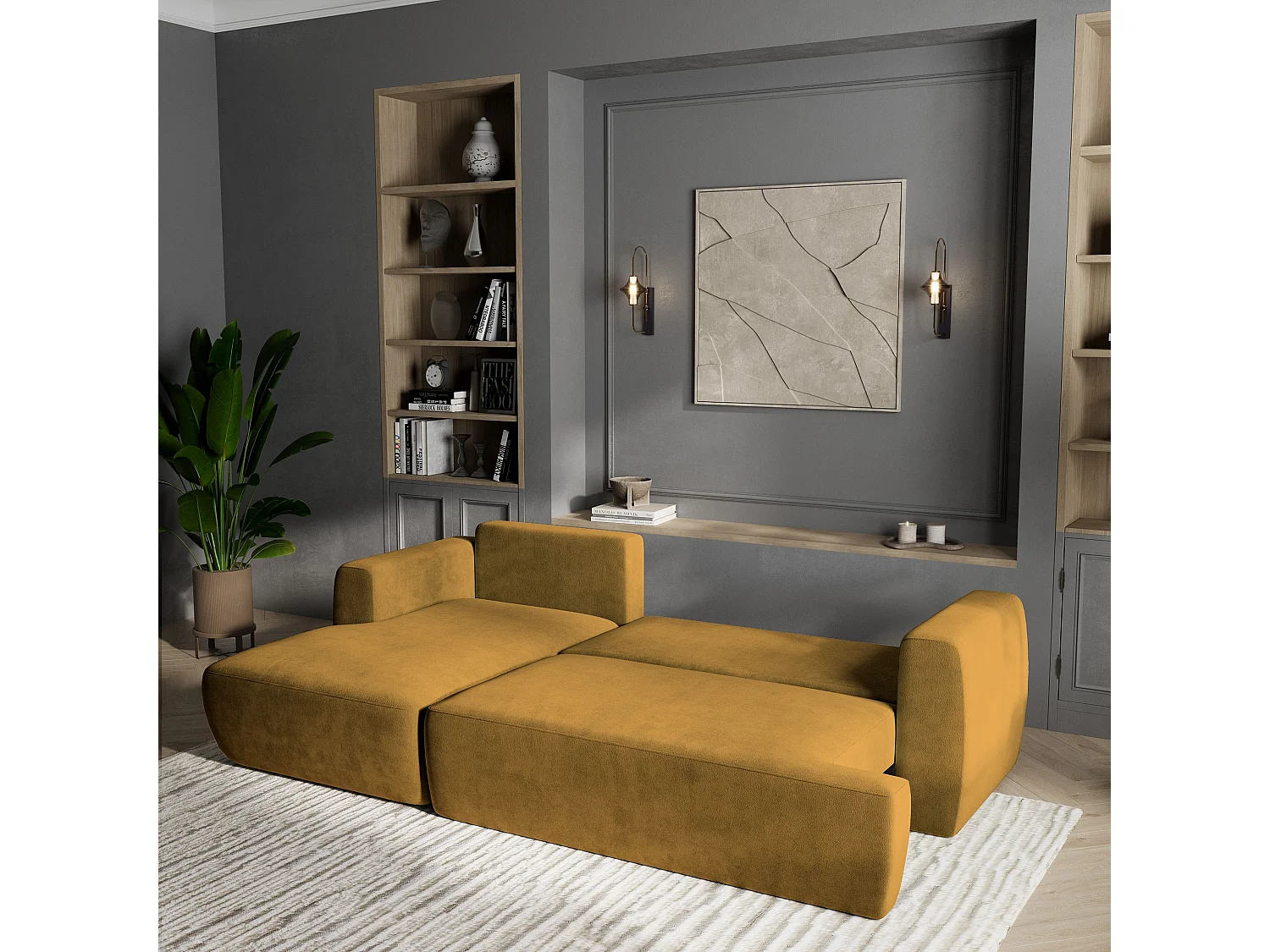 Canapé d'angle SENTI Jaune en peluche avec fonction de couchage