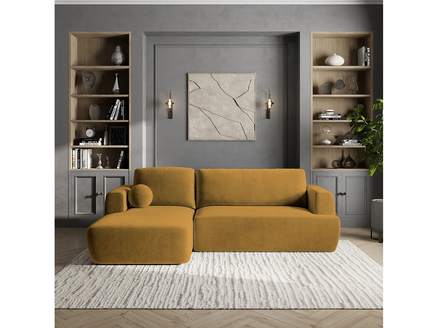 Canapé d'angle SENTI Jaune en peluche avec fonction de couchage