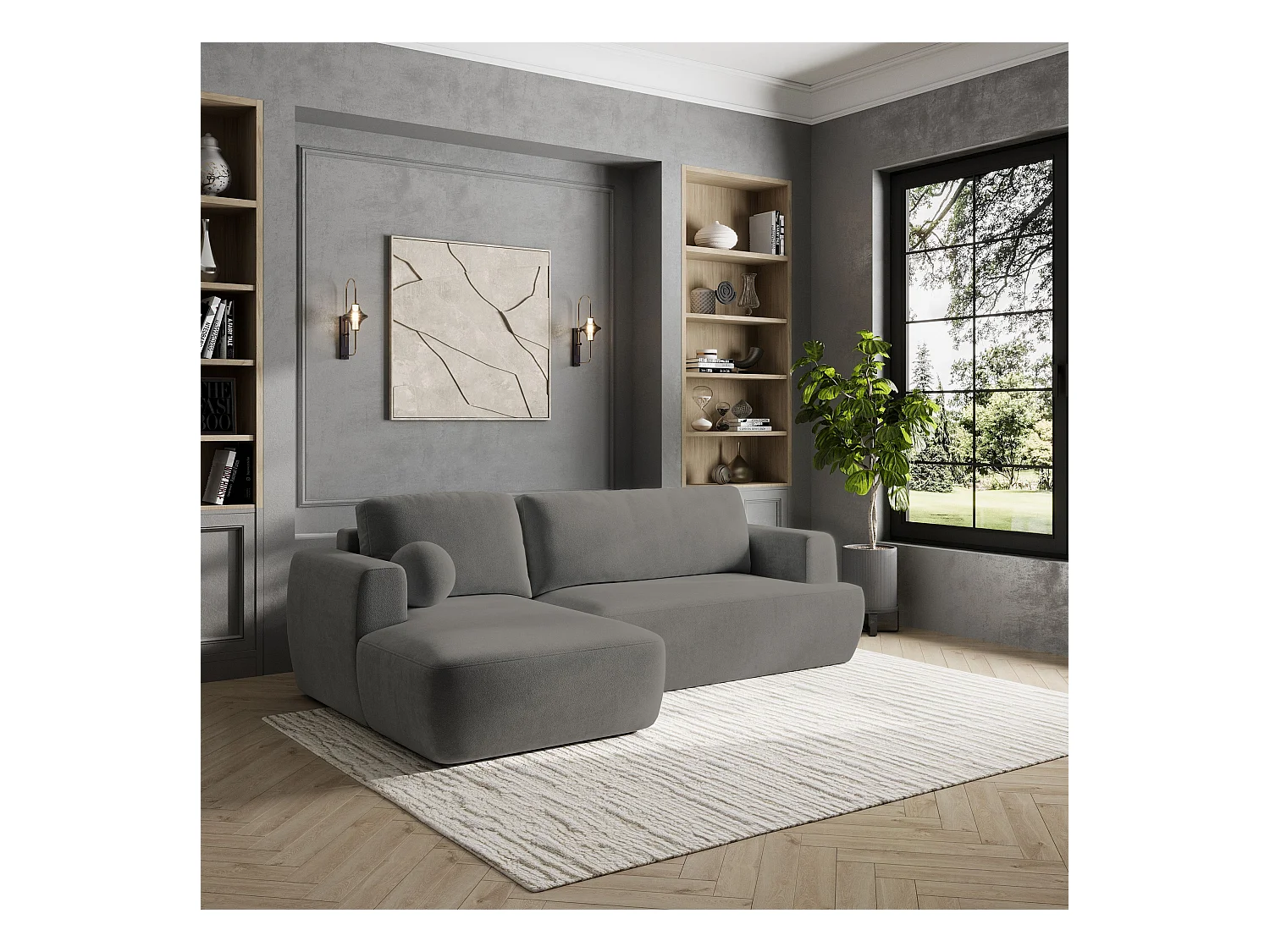 Canapé d'angle SENTI Gris en peluche avec fonction de couchage