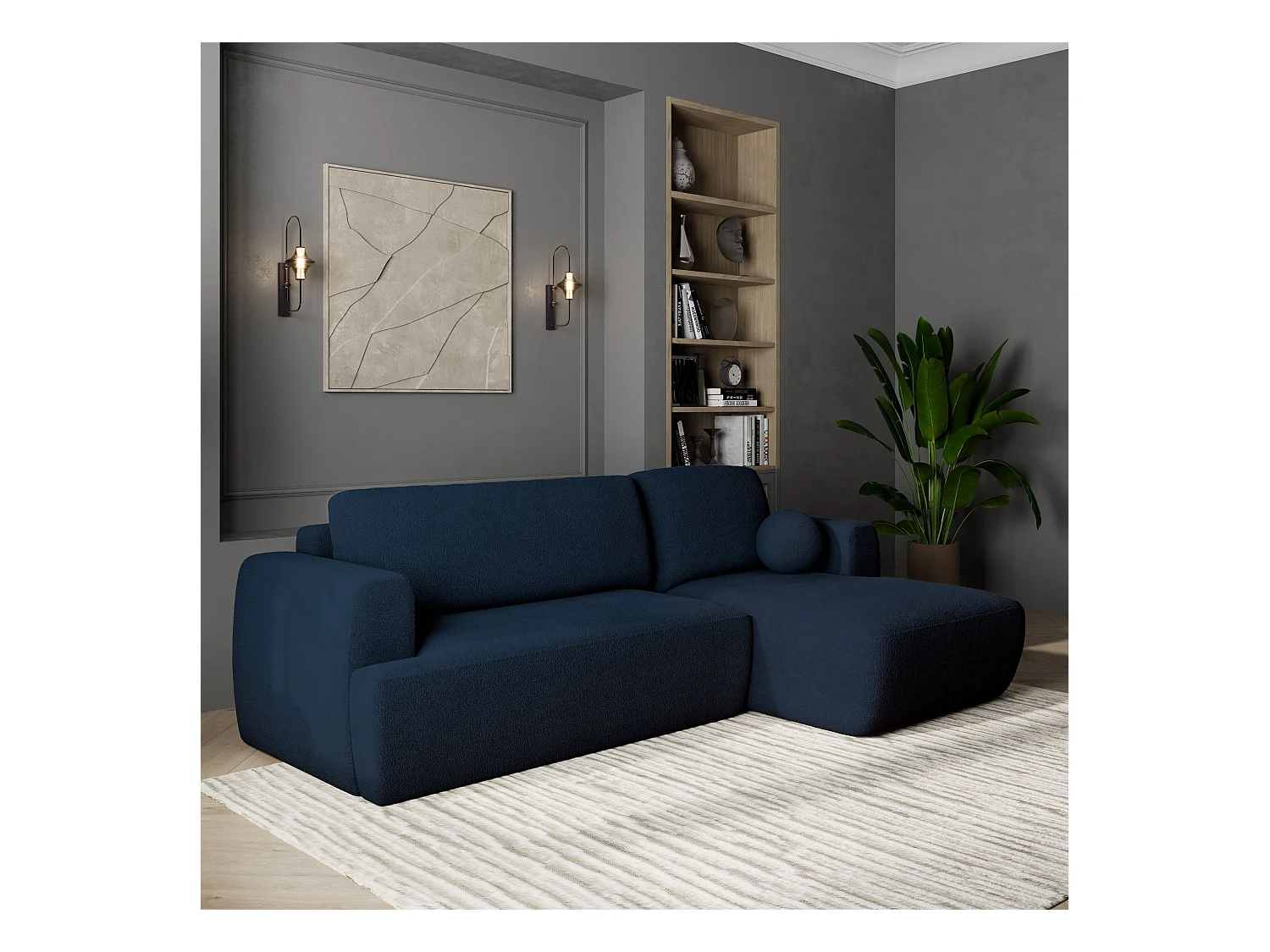 Canapé d'angle SENTI Bleu en bouclé avec fonction de couchage