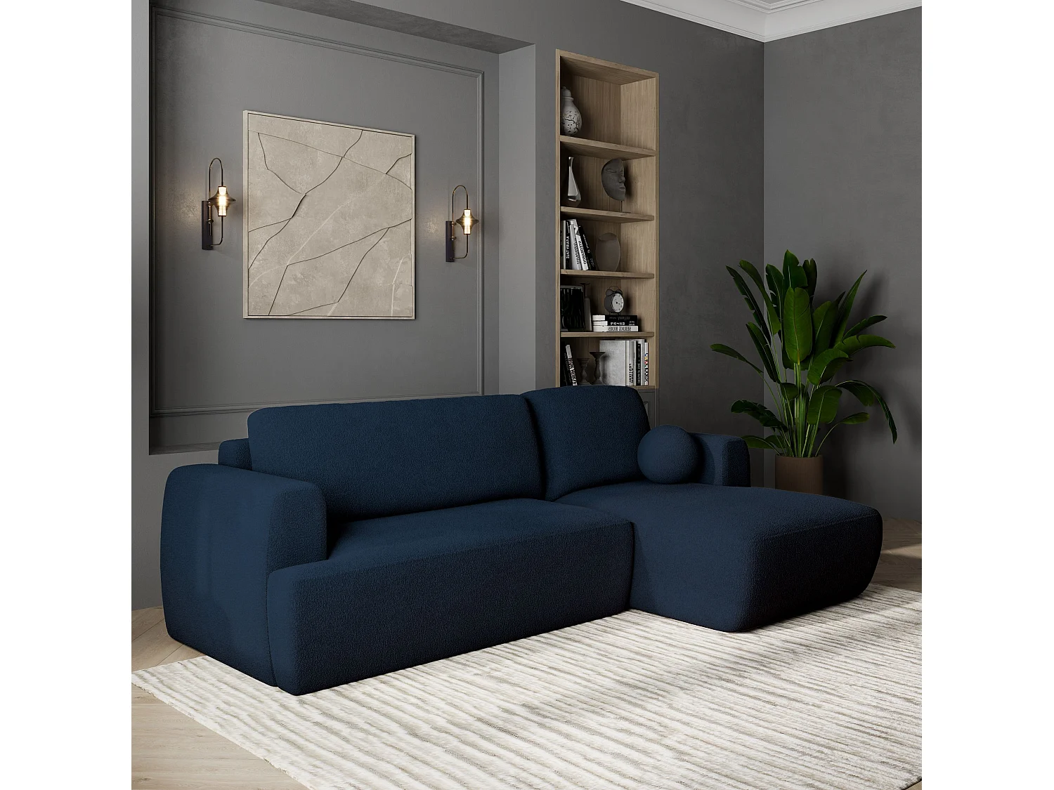 Canapé d'angle SENTI Bleu en bouclé avec fonction de couchage