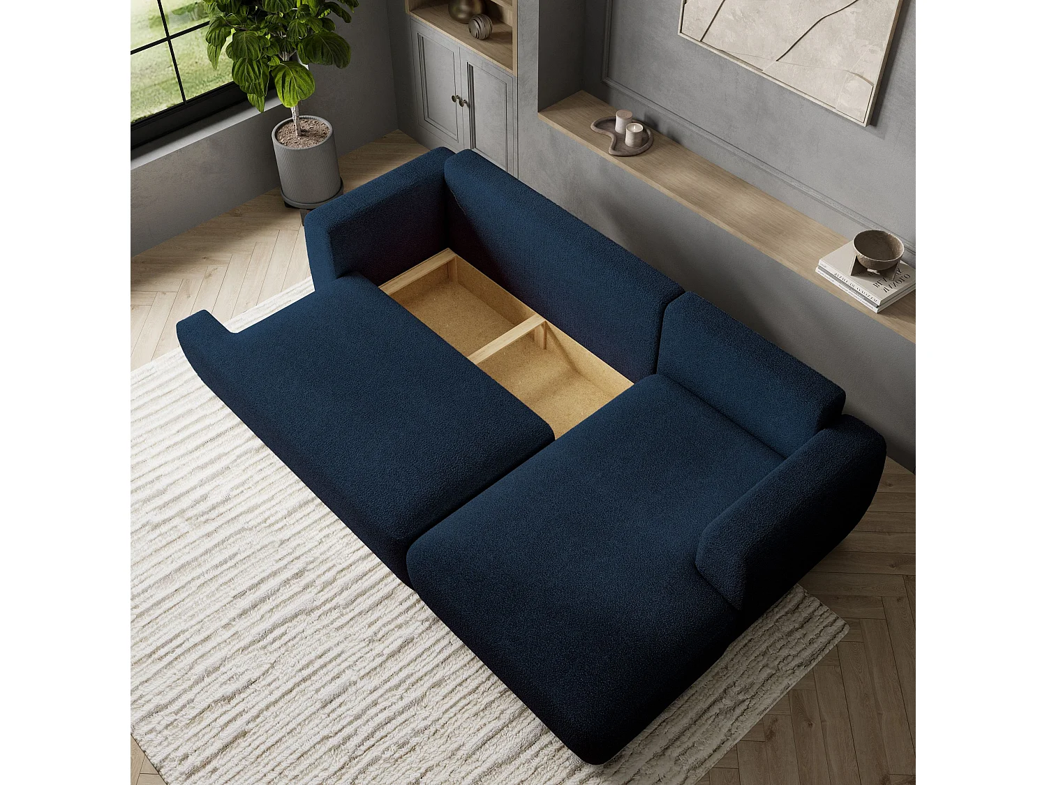 Canapé d'angle SENTI Bleu en bouclé avec fonction de couchage