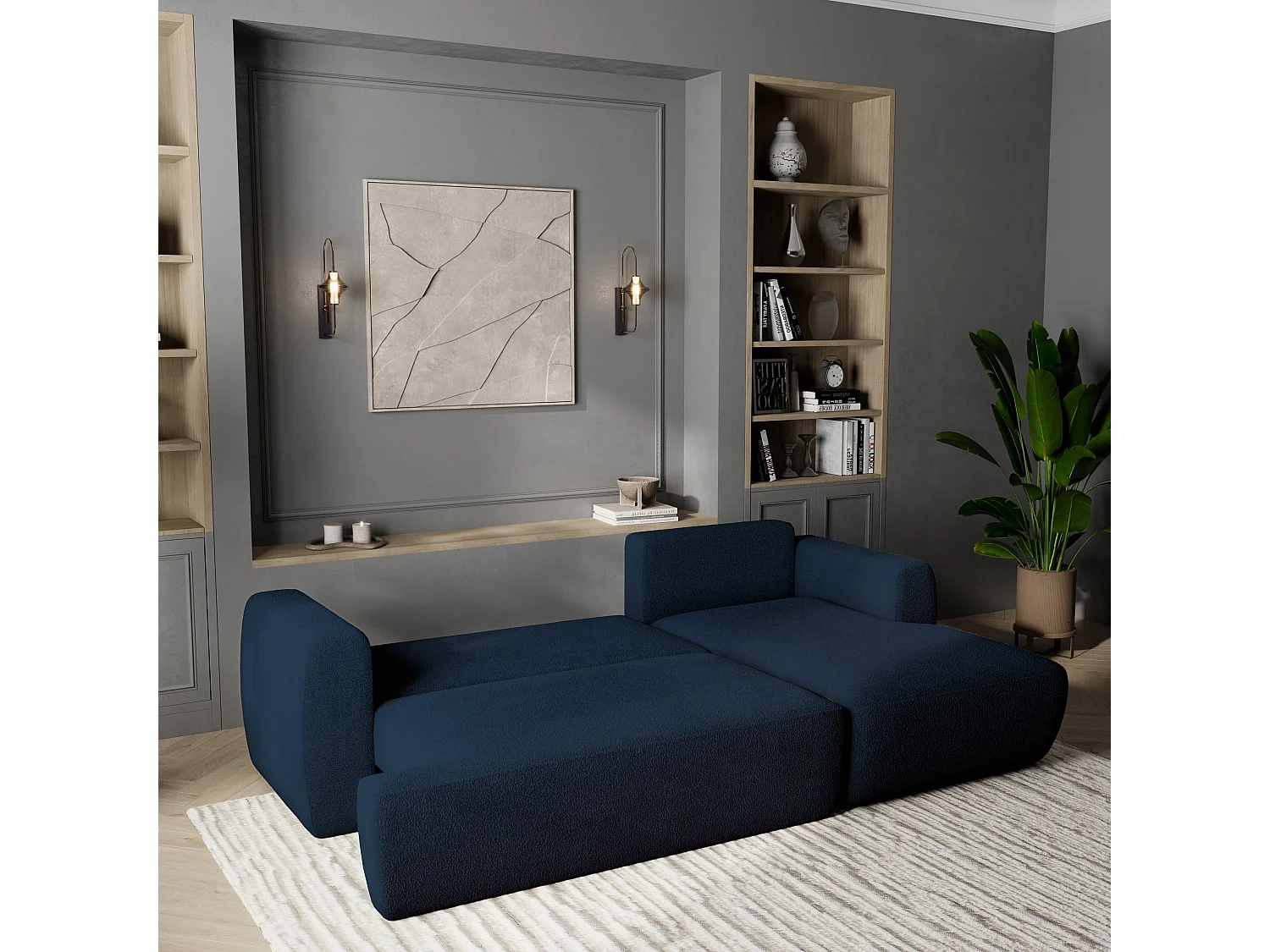 Canapé d'angle SENTI Bleu en bouclé avec fonction de couchage