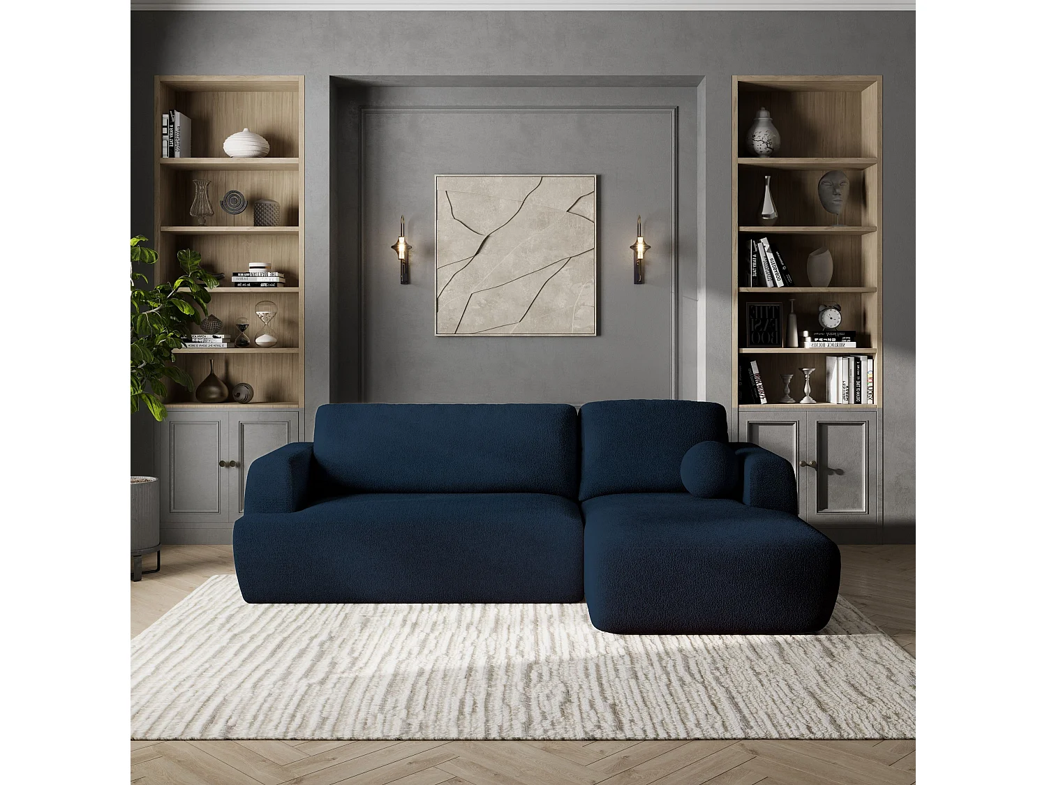 Canapé d'angle SENTI Bleu en bouclé avec fonction de couchage