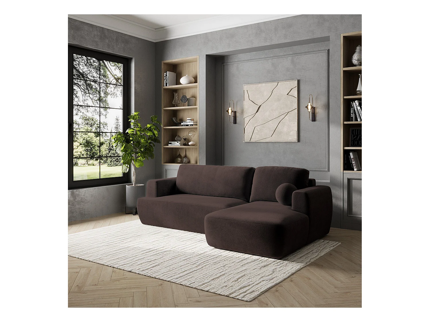 Canapé d'angle SENTI Marron en peluche avec fonction de couchage