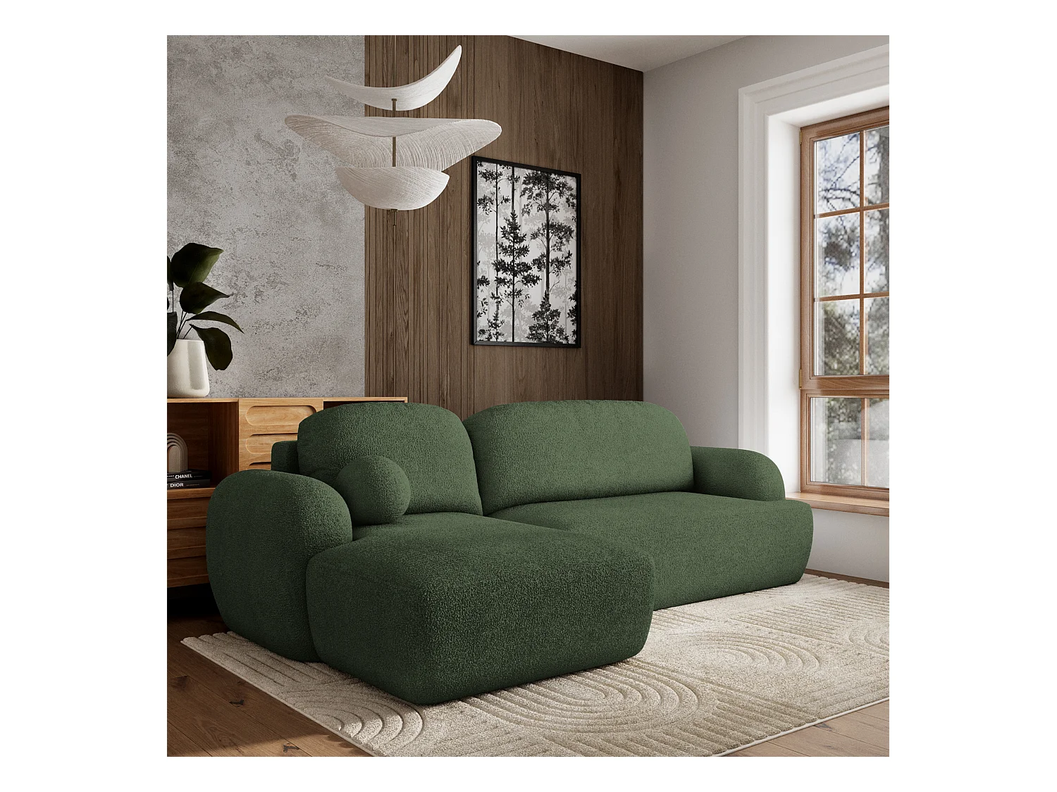 Canapé d'angle MODENZA Vert en bouclé avec fonction de couchage