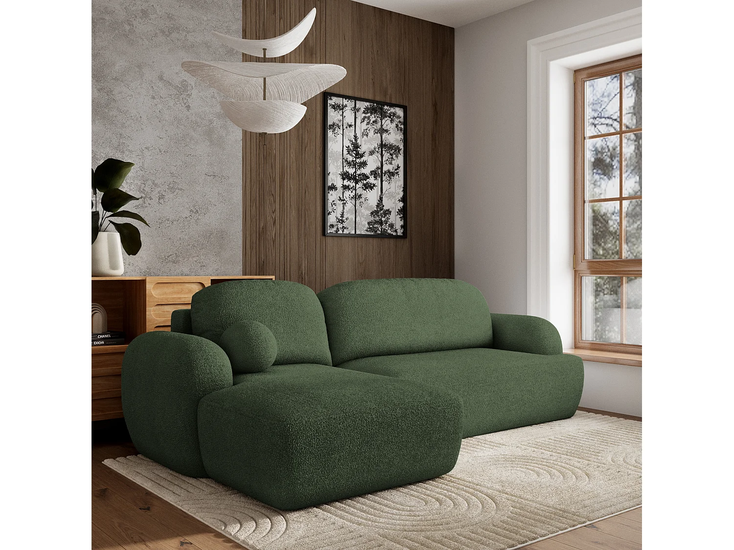 Canapé d'angle MODENZA Vert en bouclé avec fonction de couchage