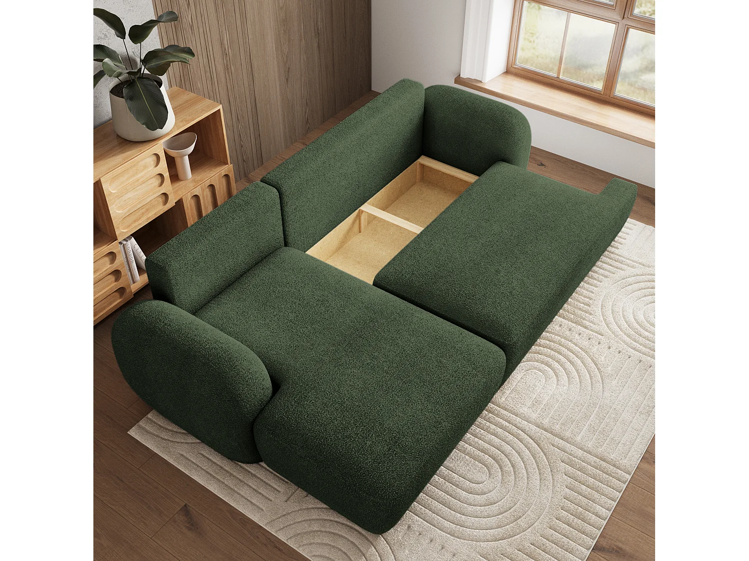 Canapé d'angle MODENZA Vert en bouclé avec fonction de couchage