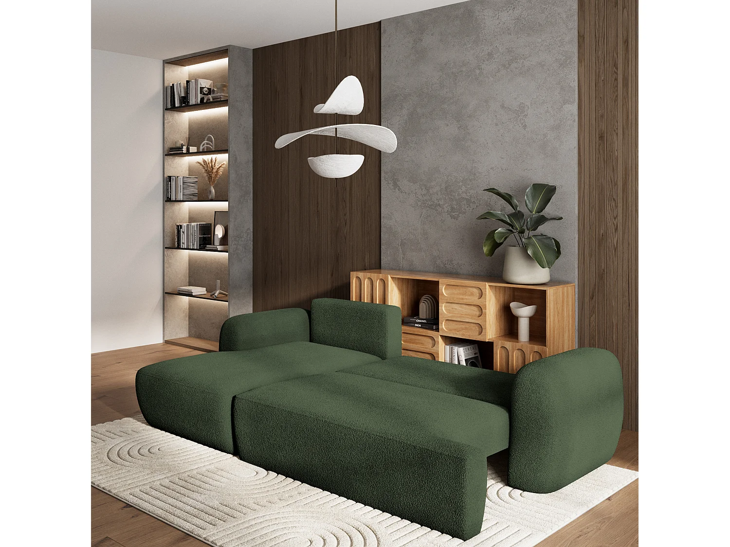 Canapé d'angle MODENZA Vert en bouclé avec fonction de couchage